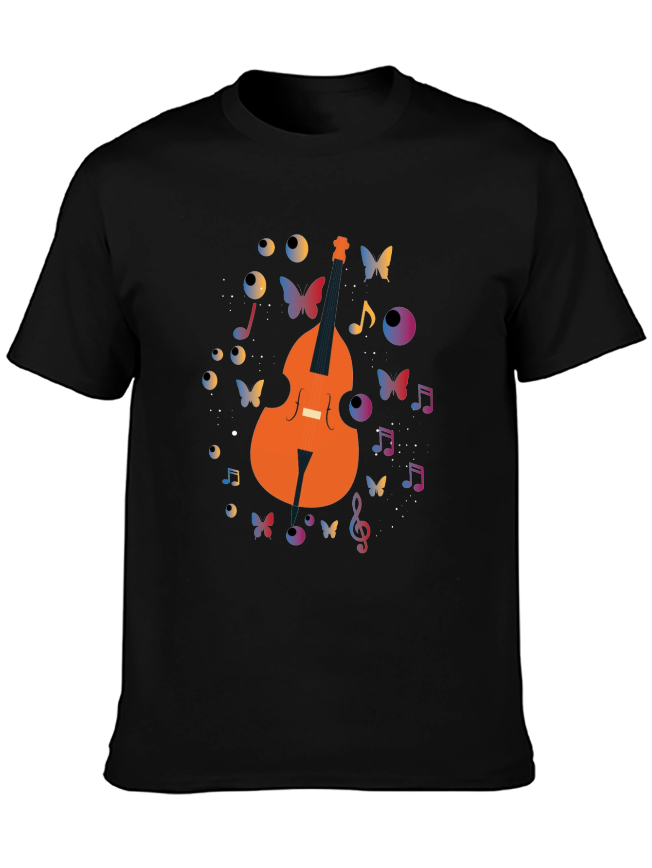 Musical Bass Guitar Butterfly Print Black T-Shirt
