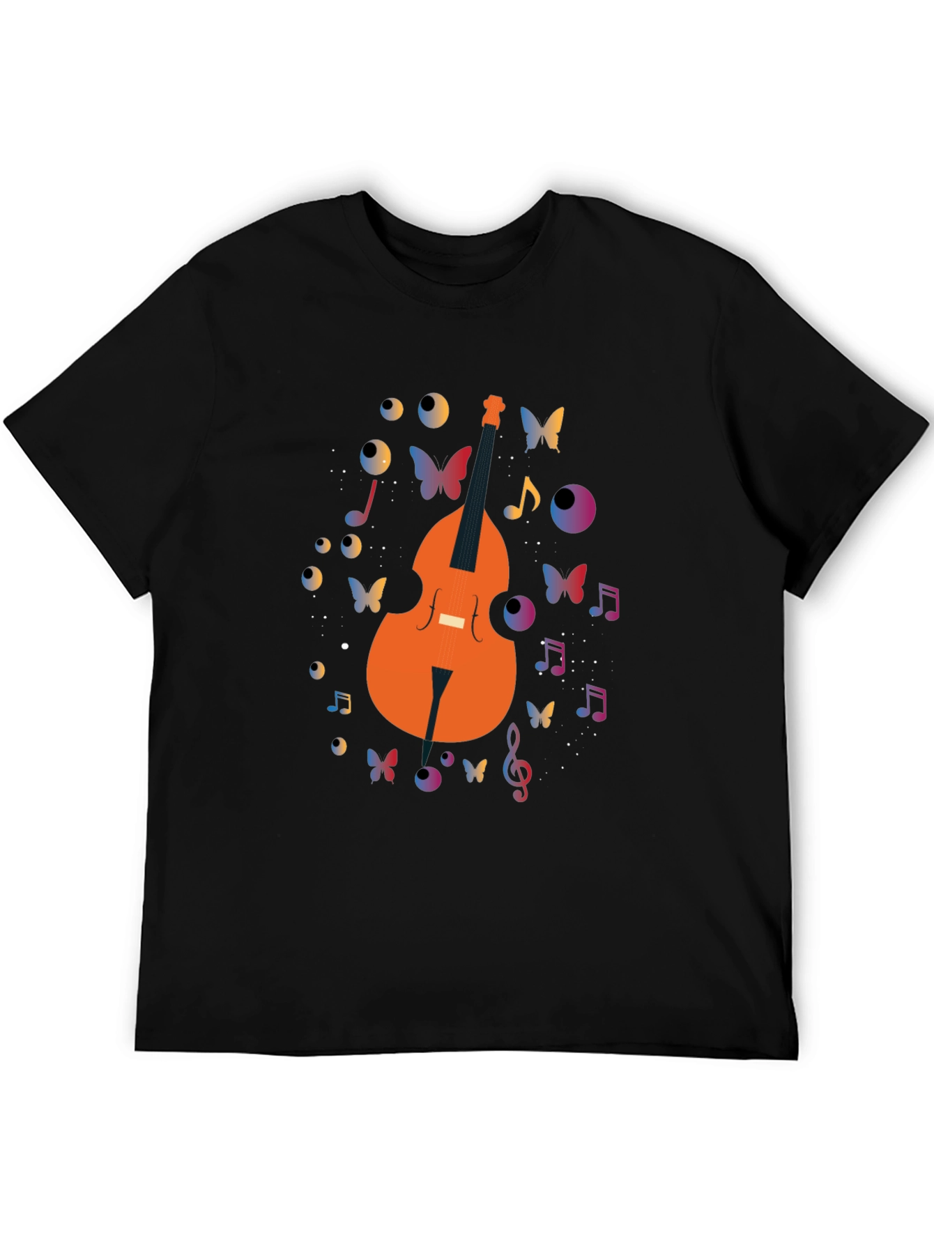 Musical Bass Guitar Butterfly Print Black T-Shirt