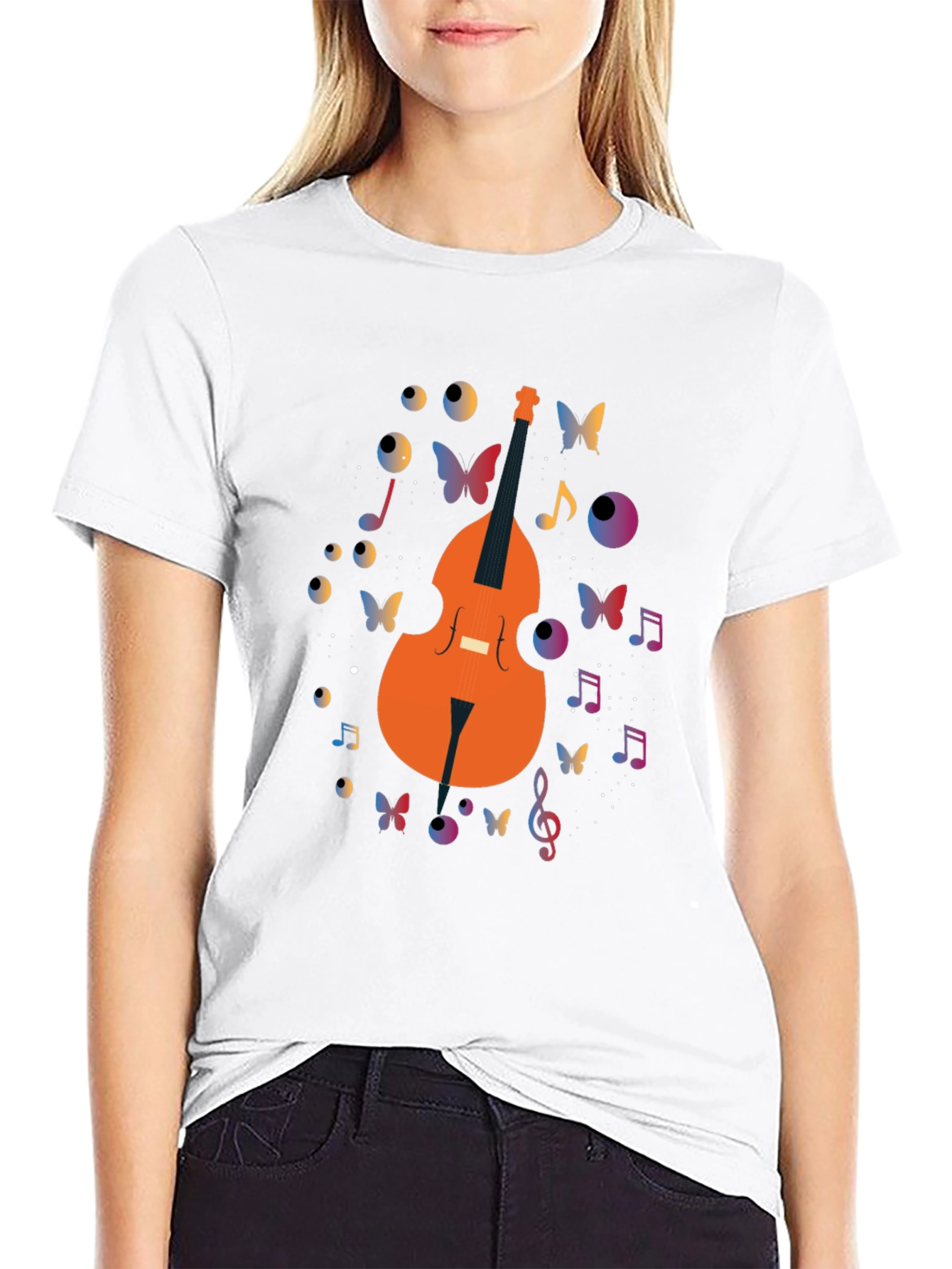 Musical Bass Guitar Butterfly Print Black T-Shirt