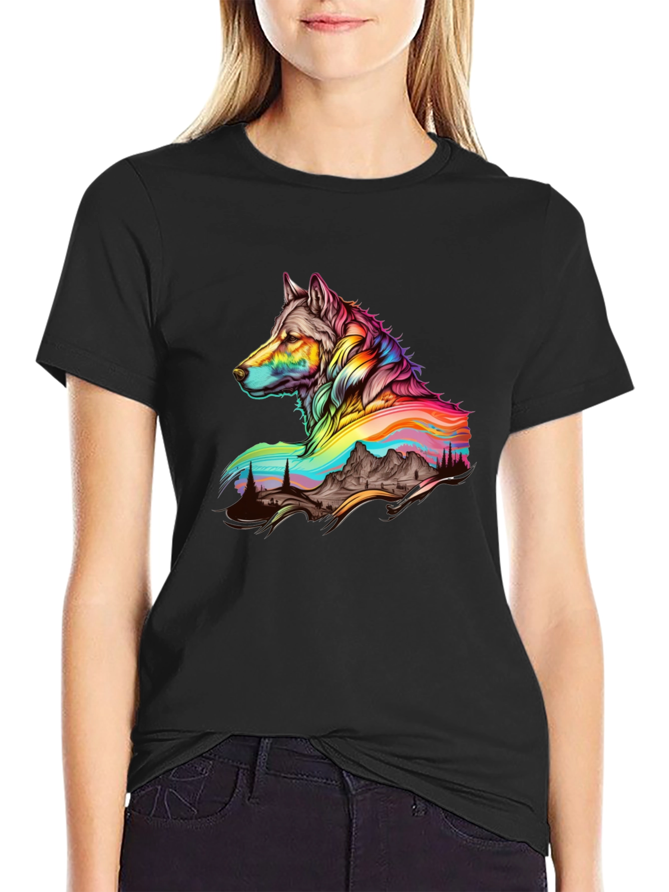 Vibrant Wolf Graphic Tee - Unique Mens Black T-Shirt