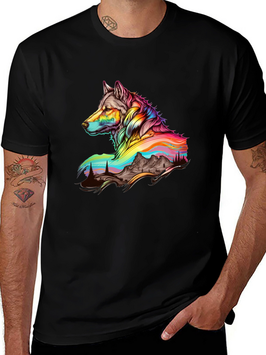 Vibrant Wolf Graphic Tee - Unique Mens Black T-Shirt