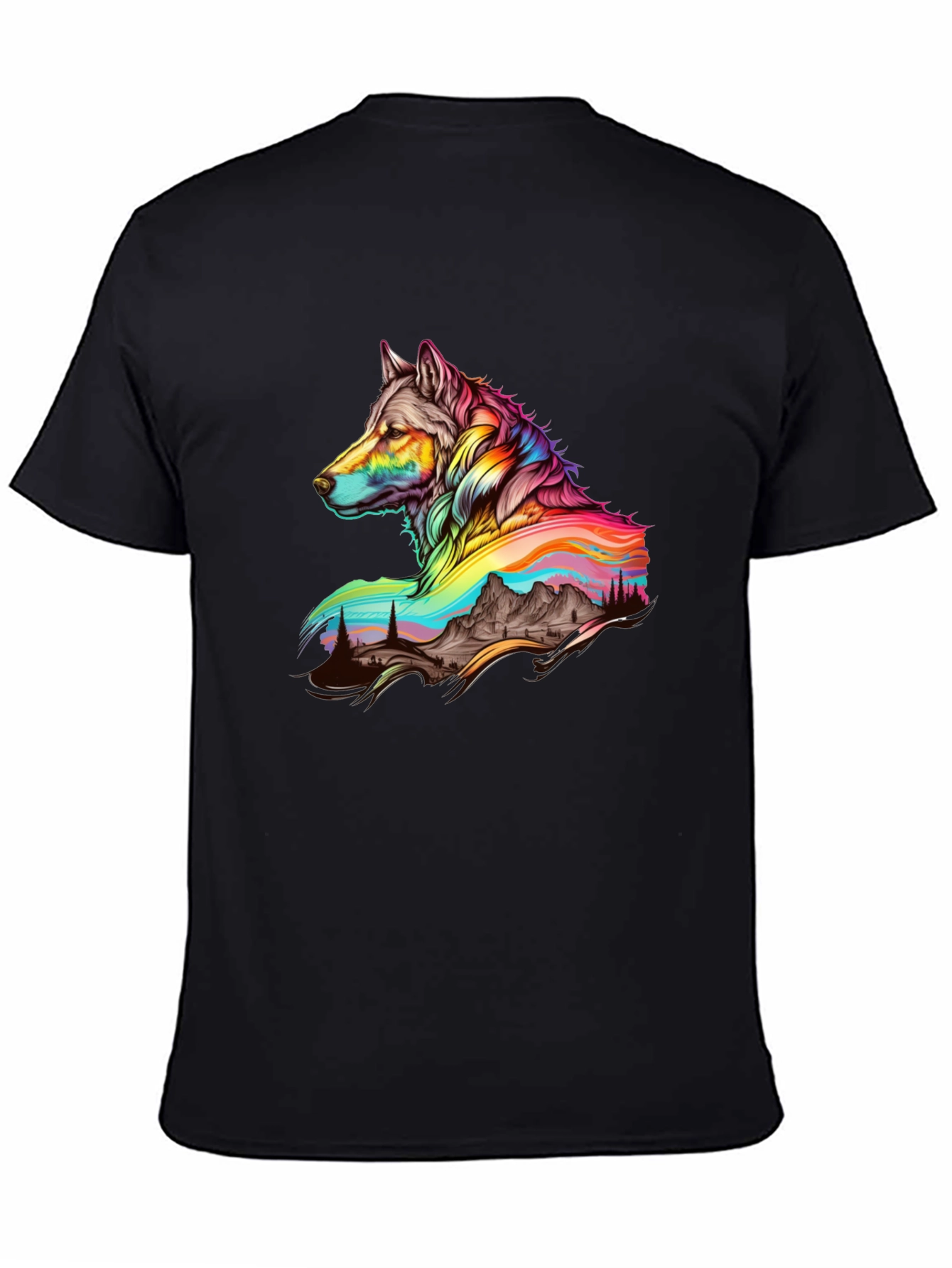 Vibrant Wolf Graphic Tee - Unique Mens Black T-Shirt