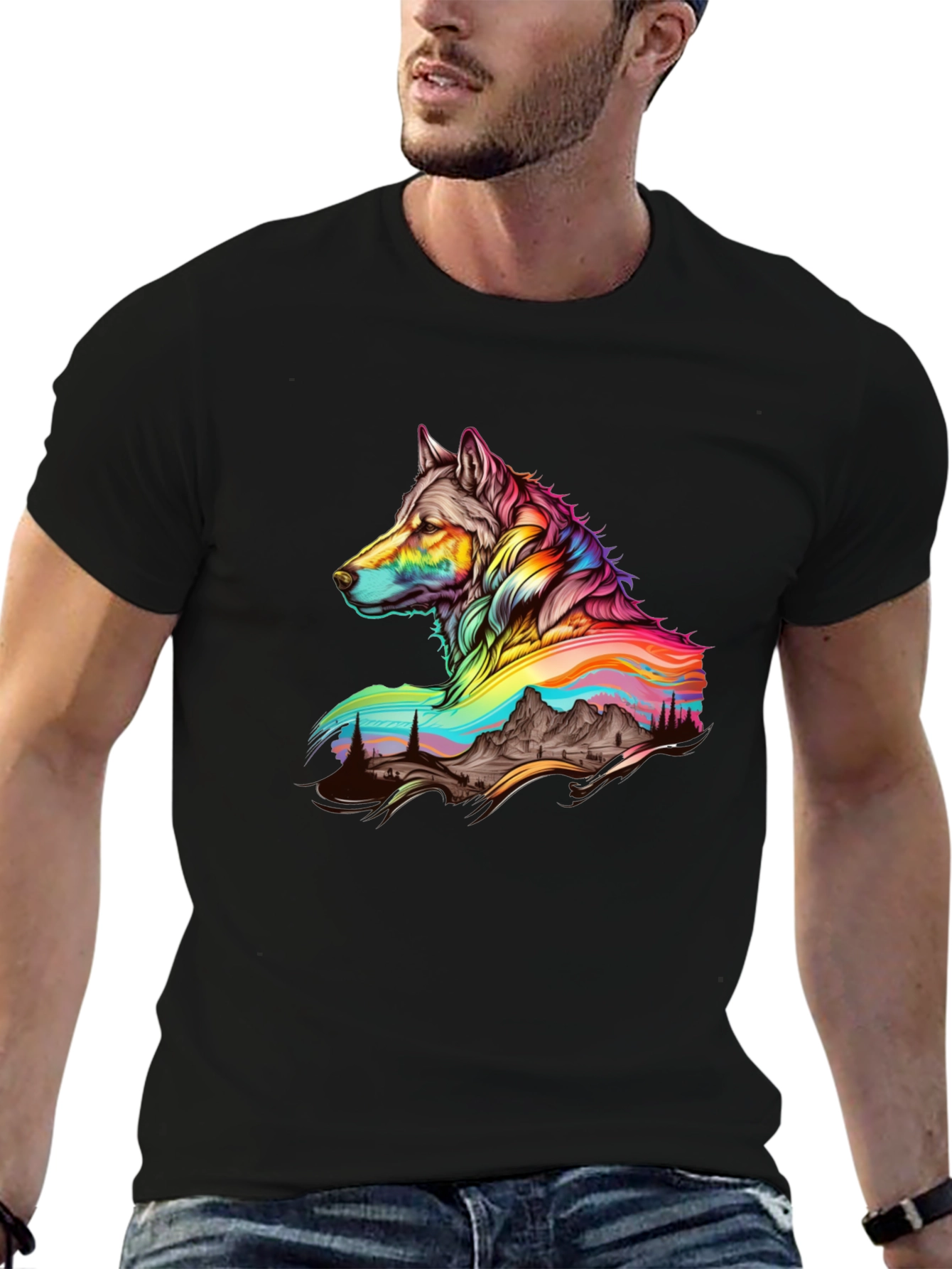 Vibrant Wolf Graphic Tee - Unique Mens Black T-Shirt