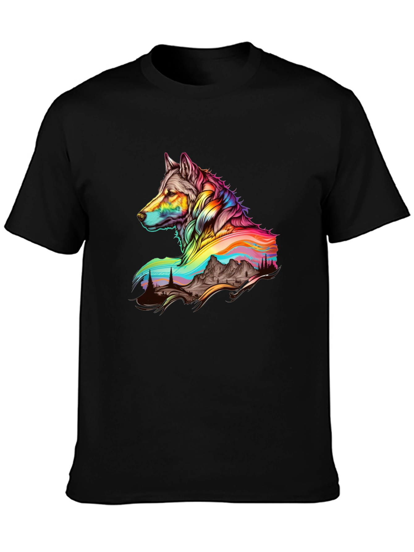 Vibrant Wolf Graphic Tee - Unique Mens Black T-Shirt