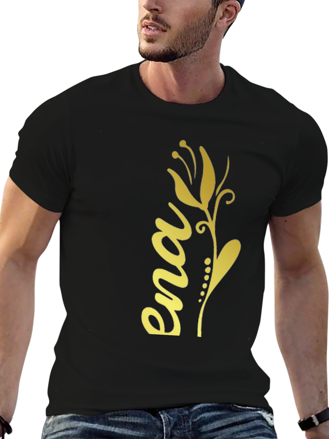 Elegant Black T-Shirt with Gold Floral Ena Design