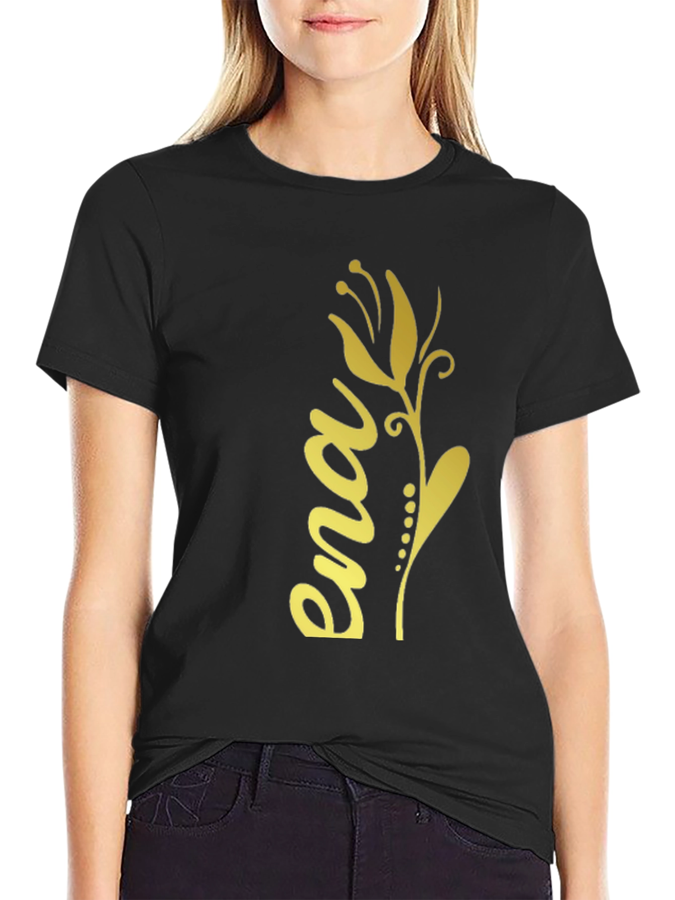 Elegant Black T-Shirt with Gold Floral Ena Design