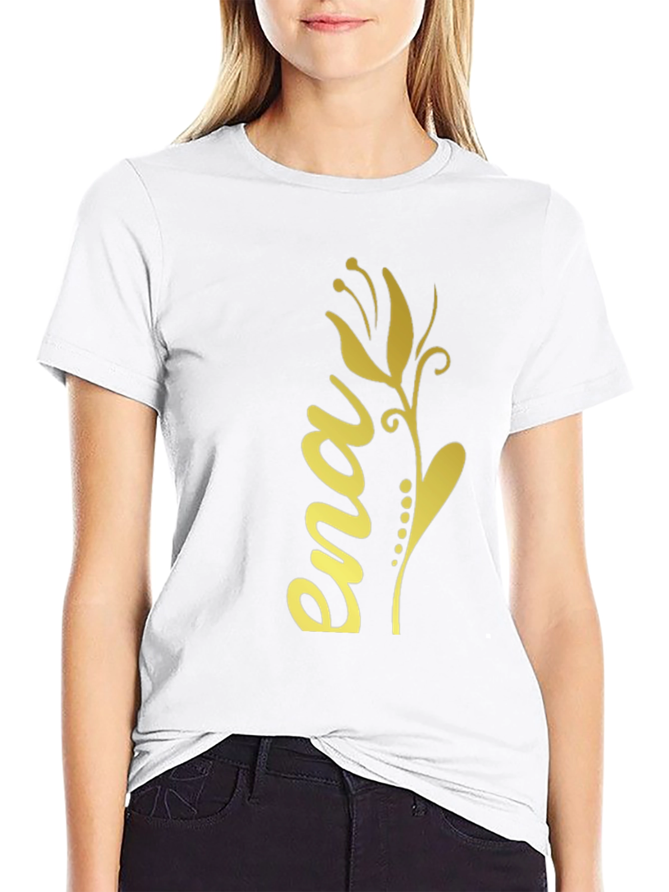 Elegant Black T-Shirt with Gold Floral Ena Design