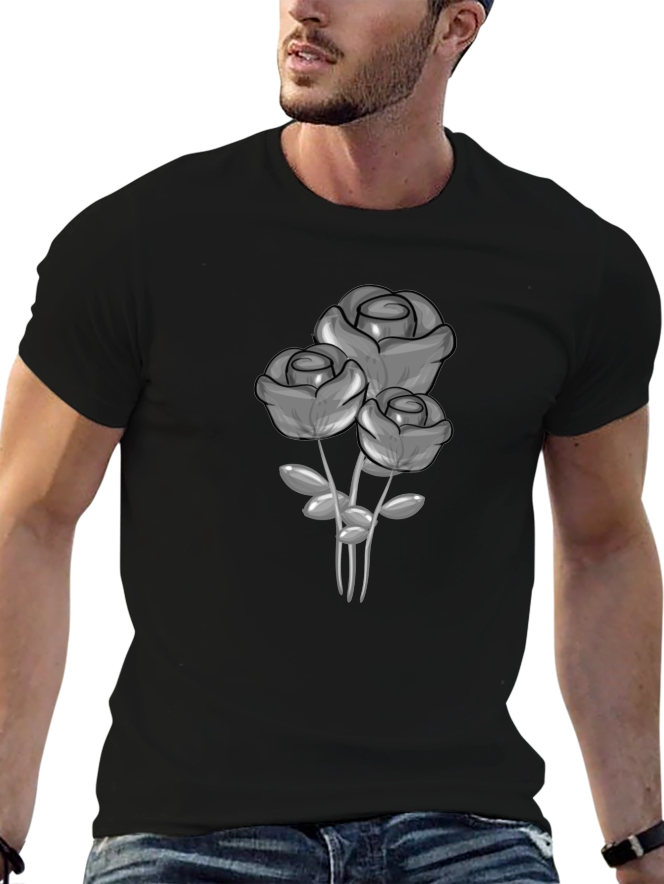 Black T-Shirt with Grey Rose Graphic