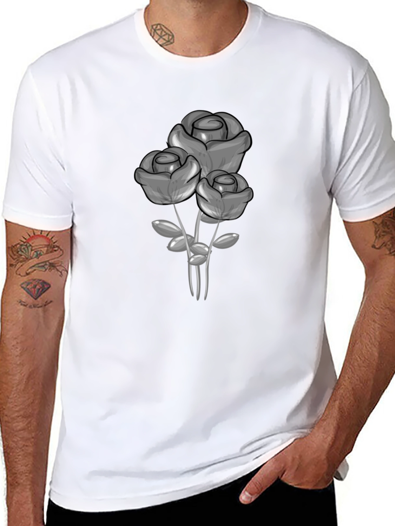 Black T-Shirt with Grey Rose Graphic