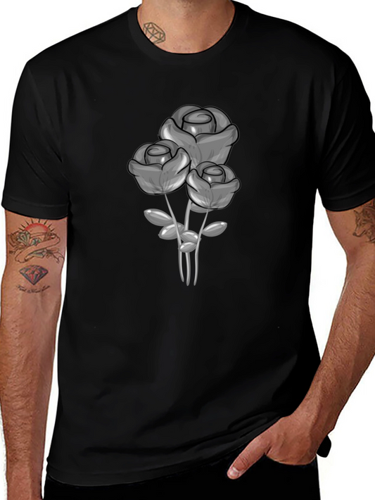 Black T-Shirt with Grey Rose Graphic