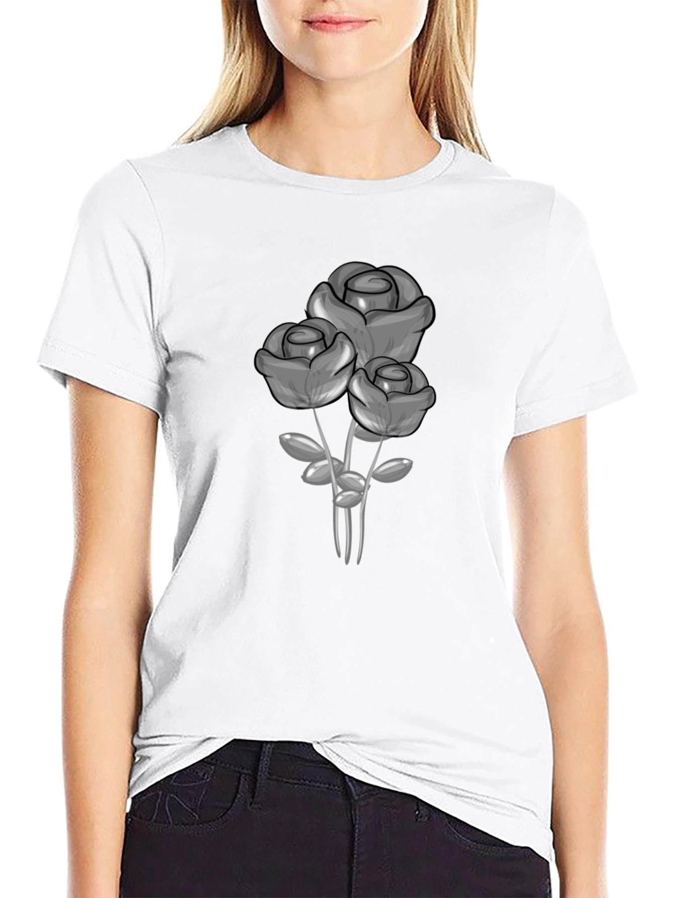 Black T-Shirt with Grey Rose Graphic