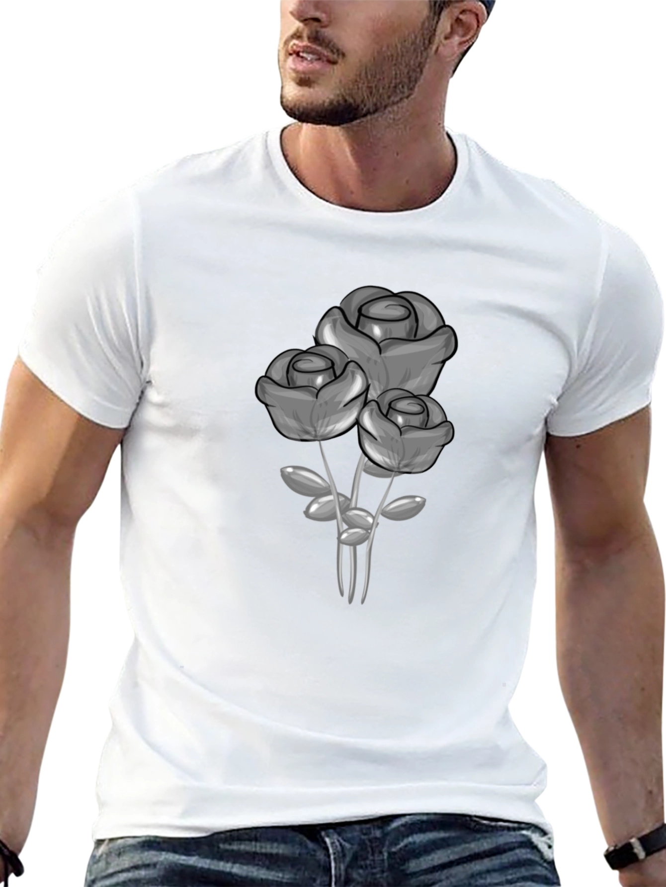 Black T-Shirt with Grey Rose Graphic