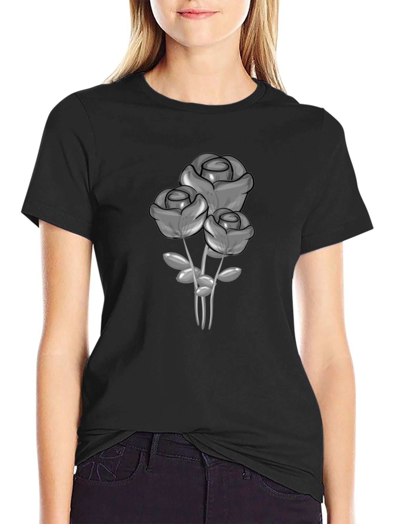 Black T-Shirt with Grey Rose Graphic