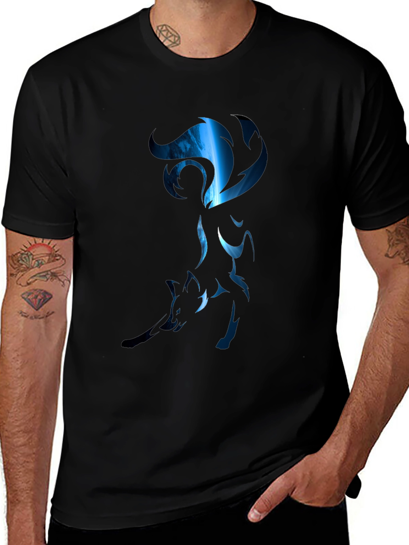 Mens Black T-Shirt with Stylized Blue Fox Design