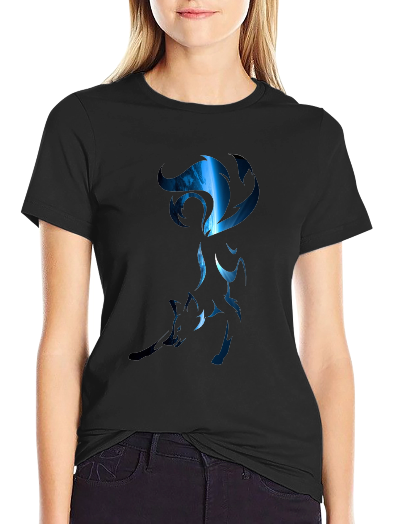 Mens Black T-Shirt with Stylized Blue Fox Design