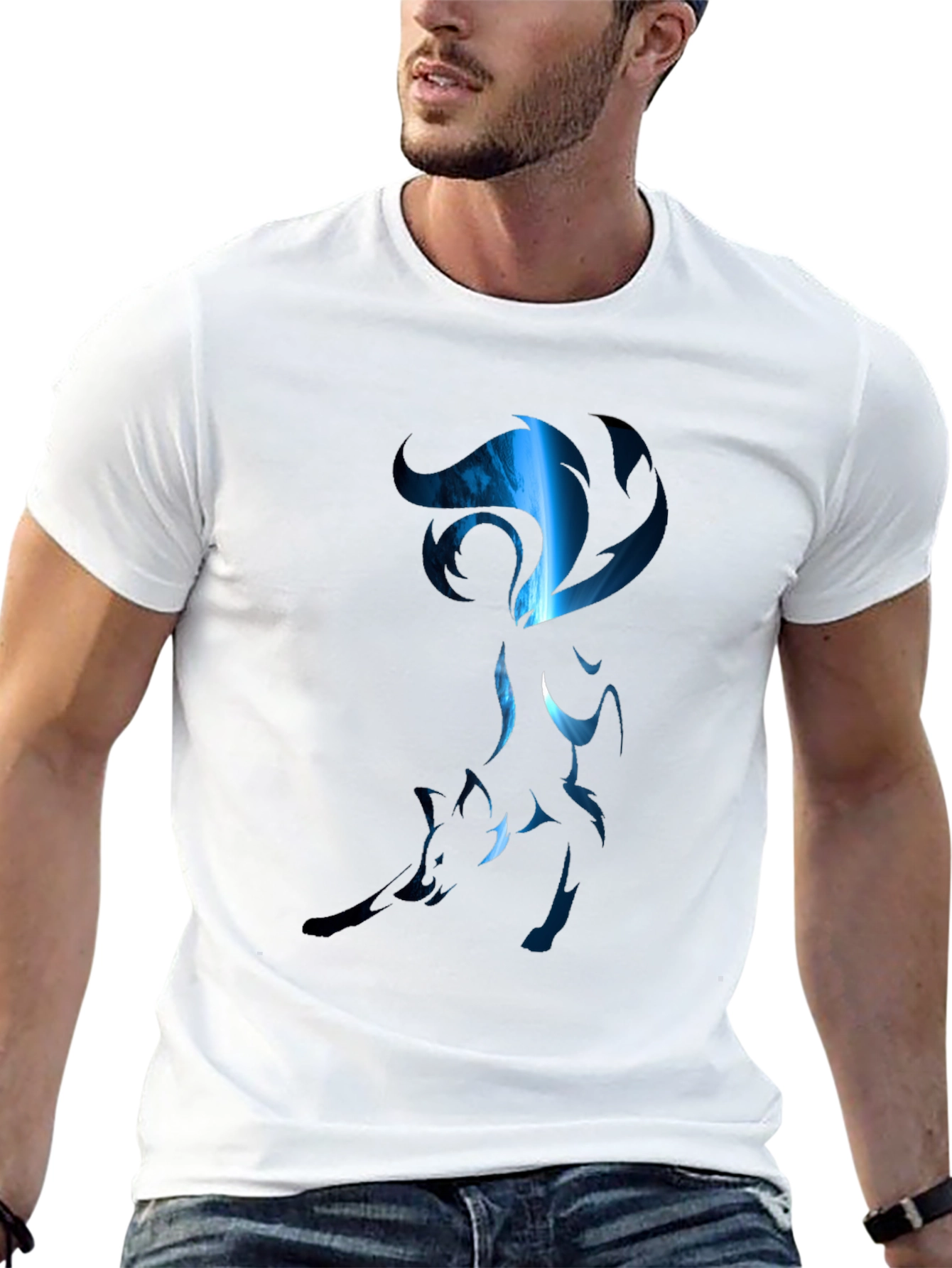 Mens Black T-Shirt with Stylized Blue Fox Design