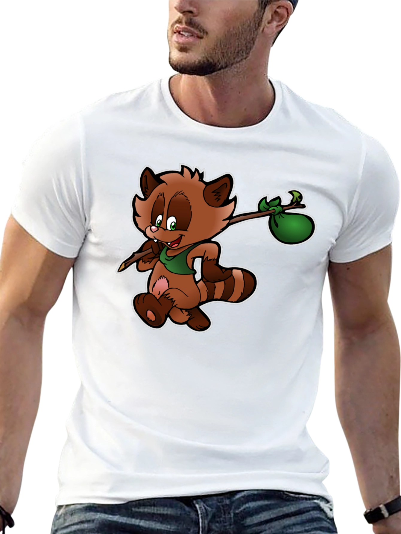 Cartoon Raccoon Hobo Graphic T-Shirt - Black