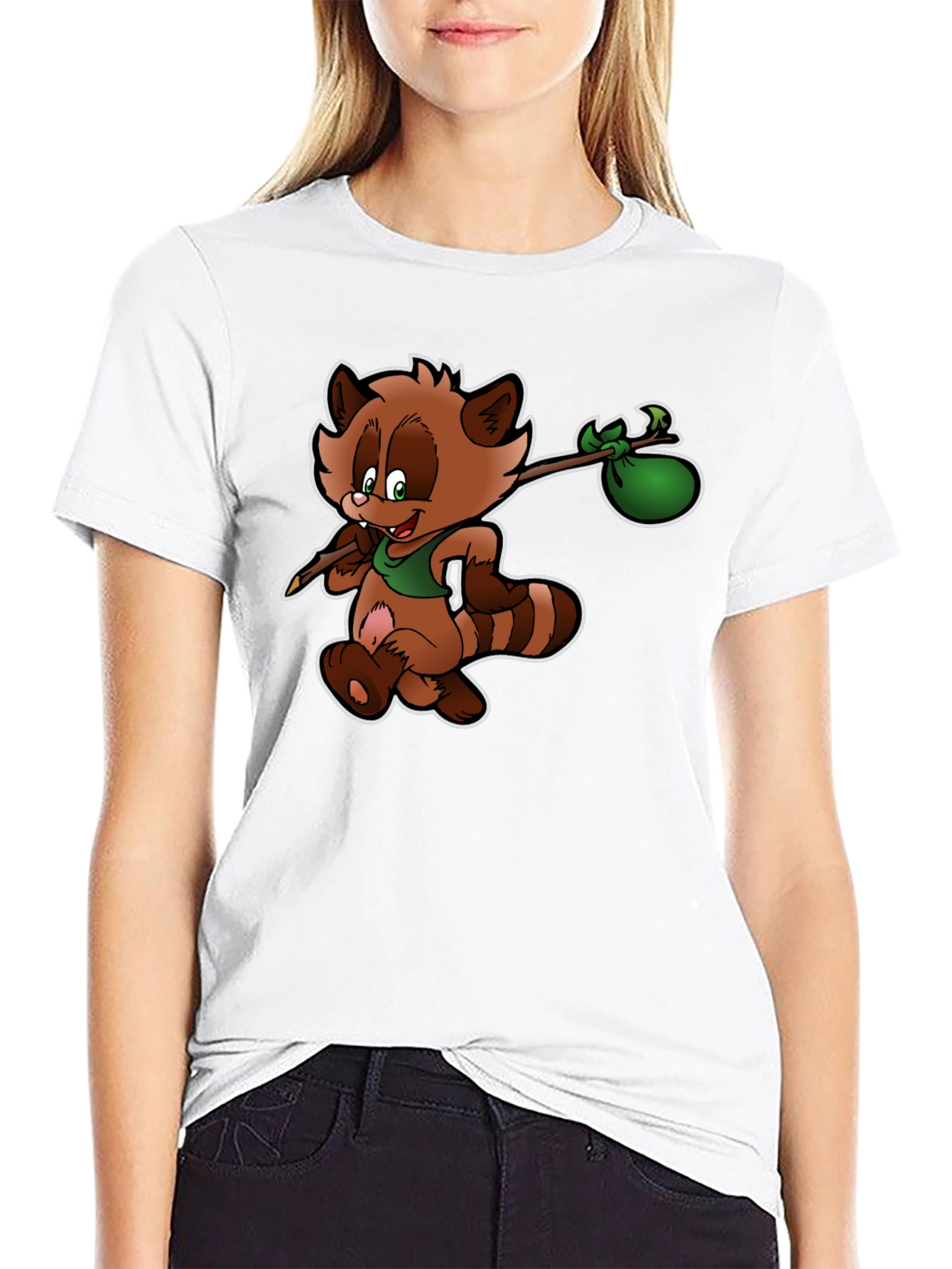 Cartoon Raccoon Hobo Graphic T-Shirt - Black