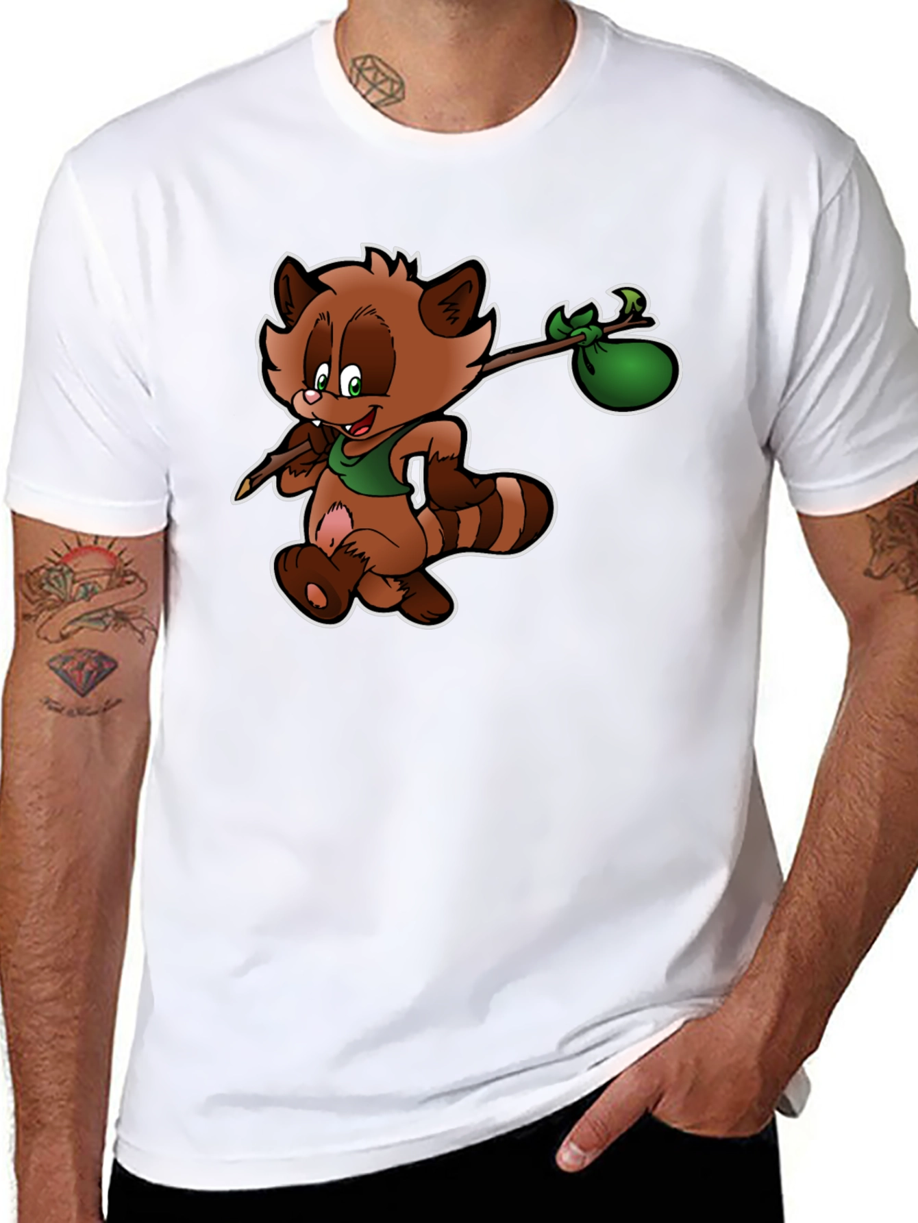 Cartoon Raccoon Hobo Graphic T-Shirt - Black