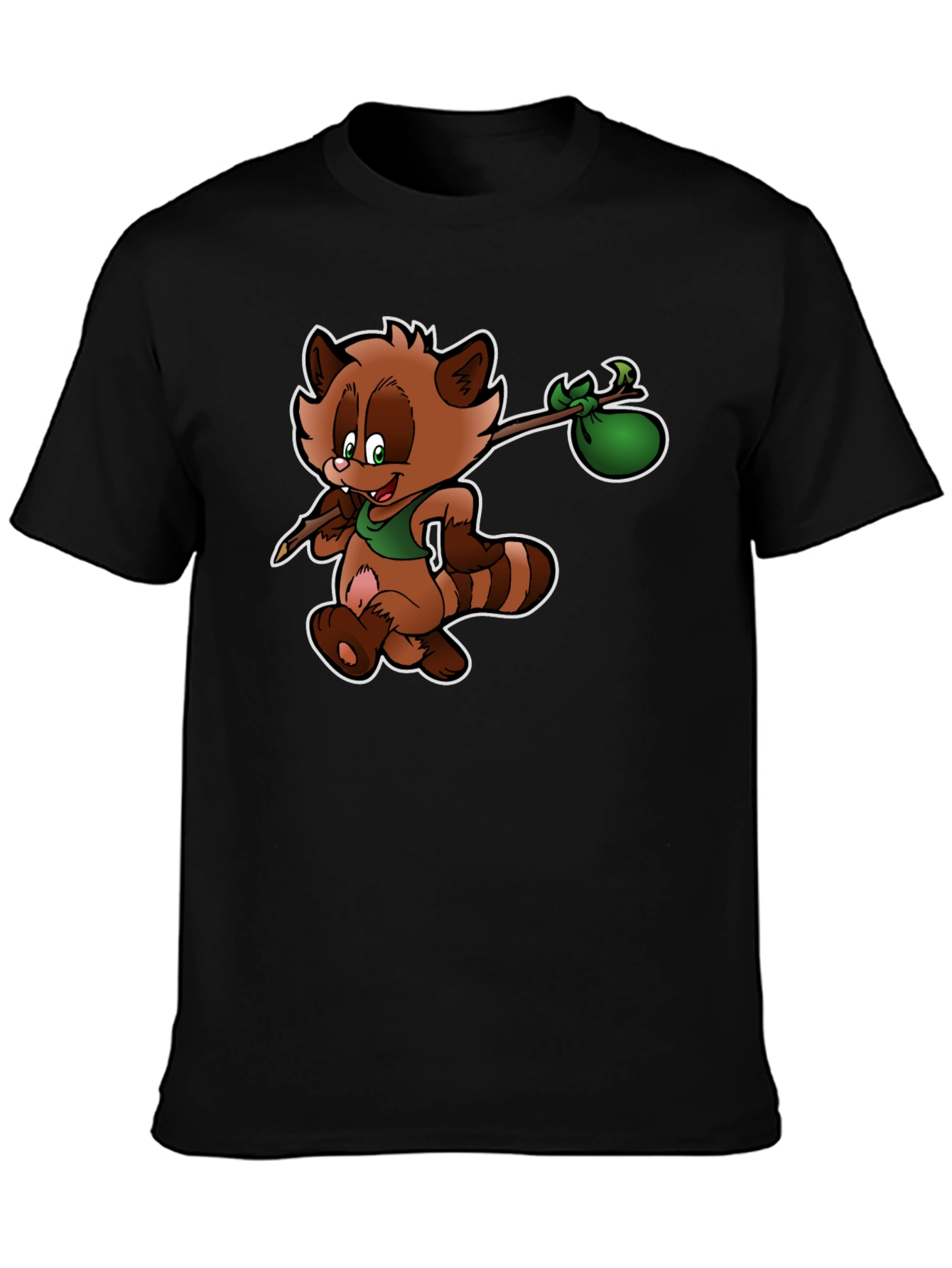 Cartoon Raccoon Hobo Graphic T-Shirt - Black
