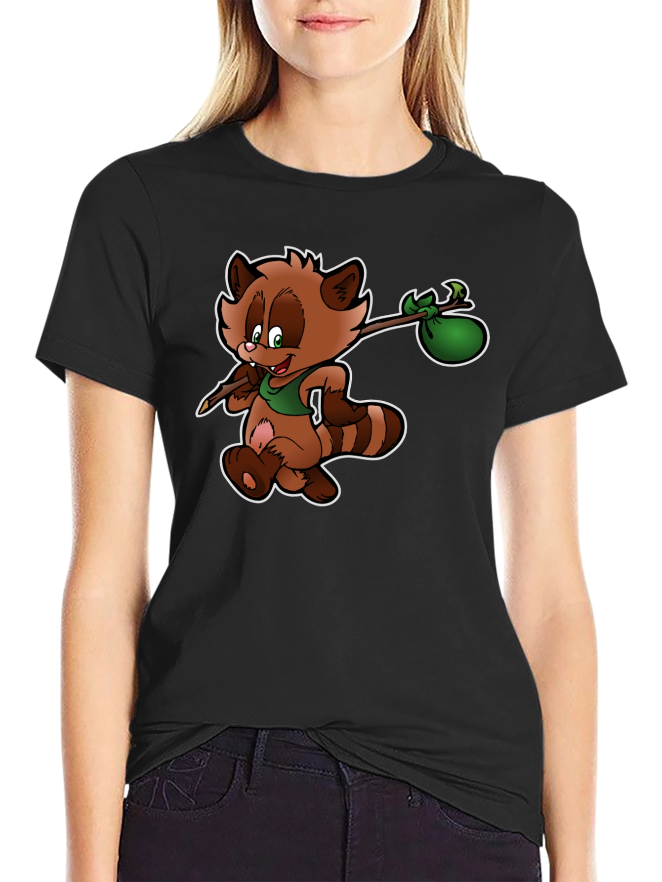Cartoon Raccoon Hobo Graphic T-Shirt - Black