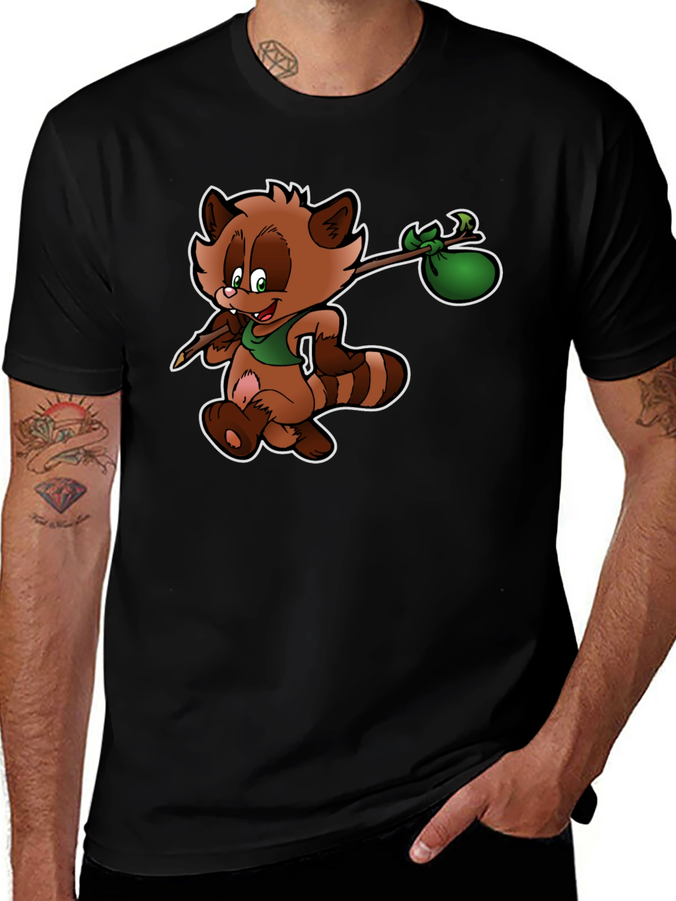 Cartoon Raccoon Hobo Graphic T-Shirt - Black