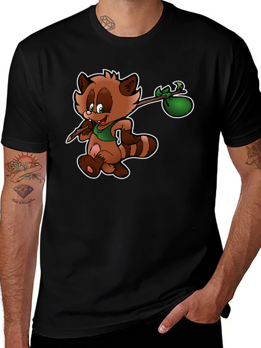 Cartoon Raccoon Hobo Graphic T-Shirt - Black