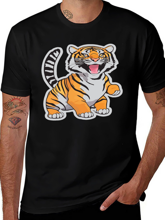 Cartoon Tiger Graphic Tee - Black Cotton T-Shirt