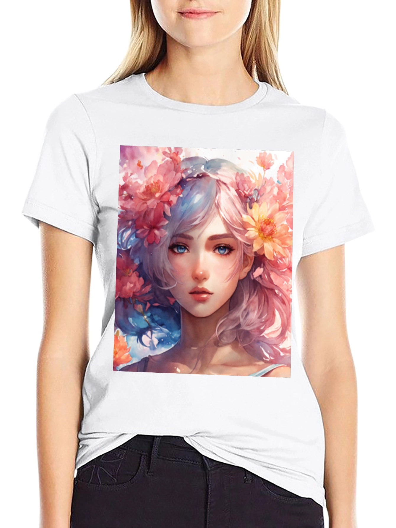 Floral Girl Graphic Tee - Artistic Style