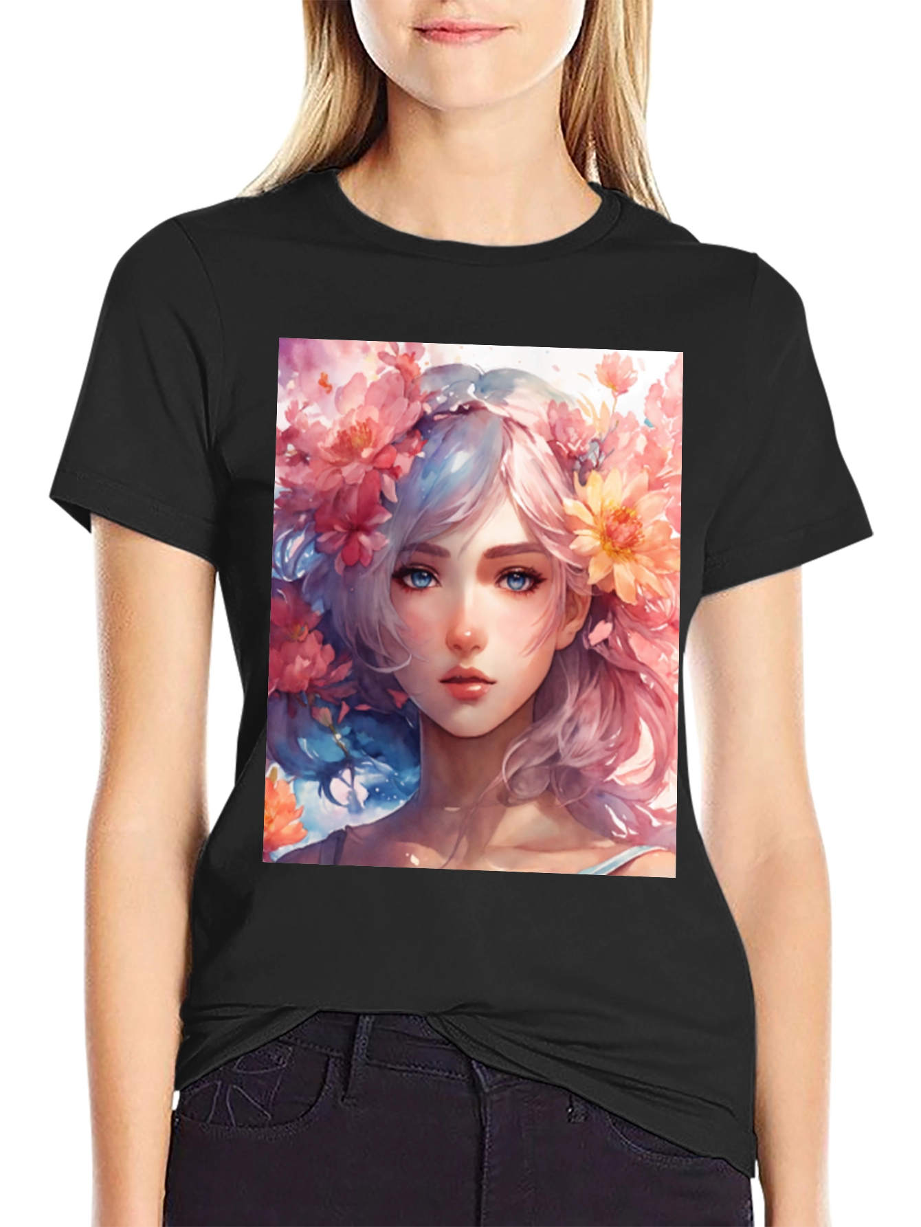 Floral Girl Graphic Tee - Artistic Style