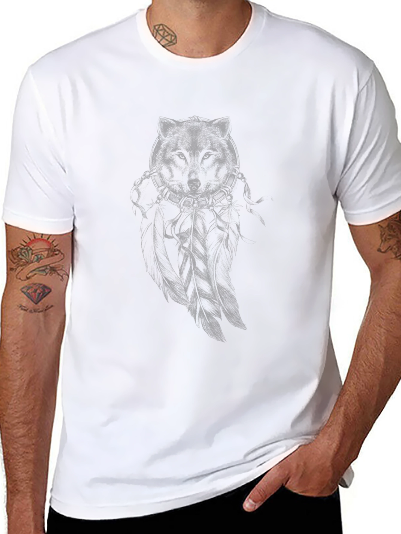 Mens Black T-Shirt with Subtle Wolf Graphic