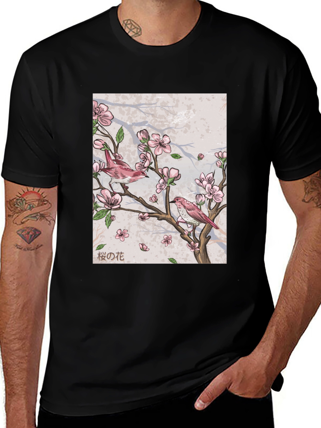 Cherry Blossom Bird Print Black T-Shirt