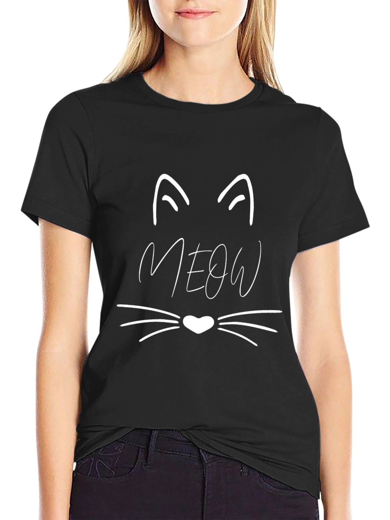 Cute Cat Meow Graphic T-Shirt - Black