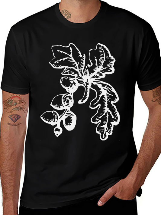 Black Graphic Tee with Oak Leaf & Acorn Print