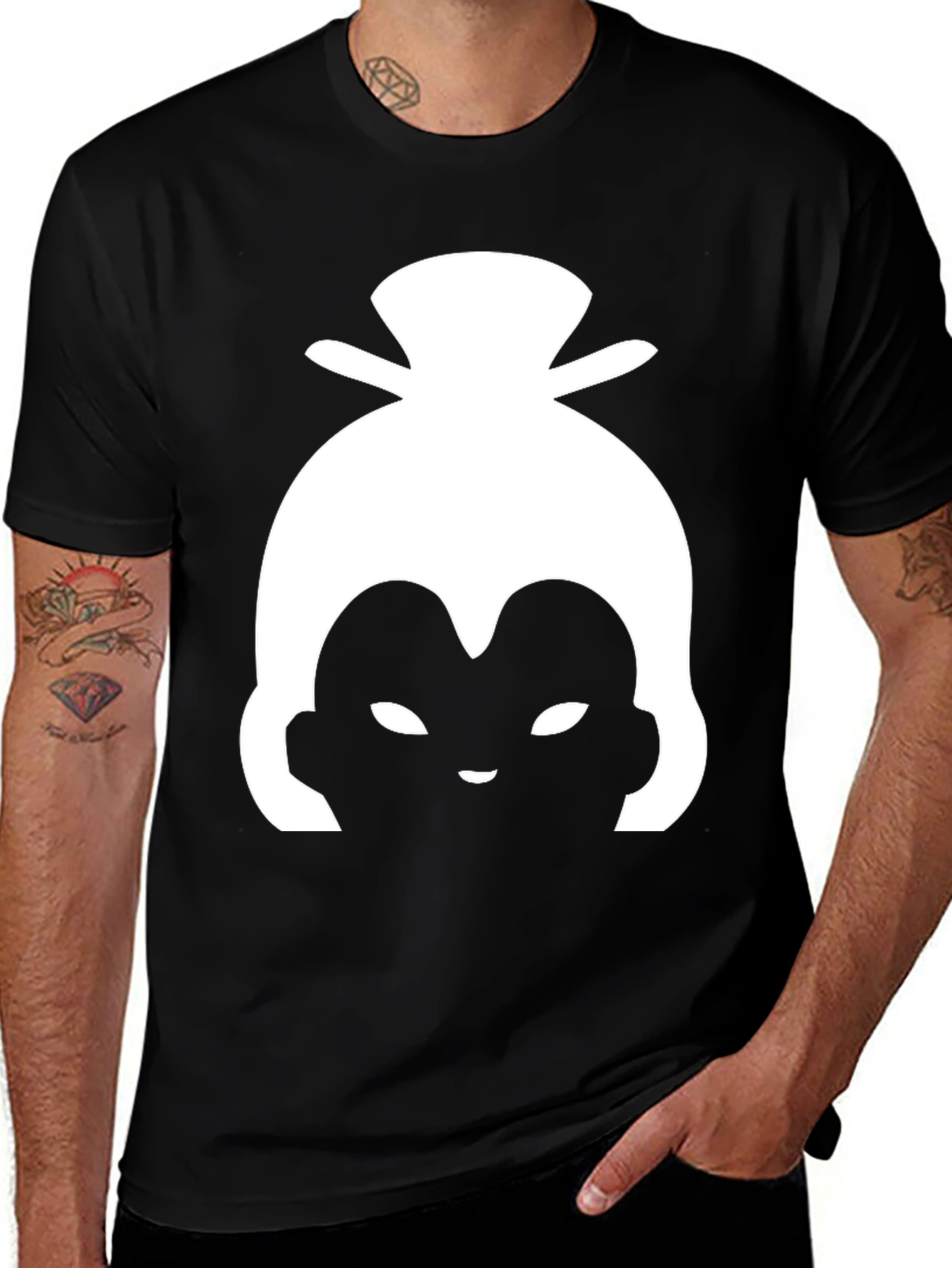 White Sumo Wrestler Silhouette on Black Tee