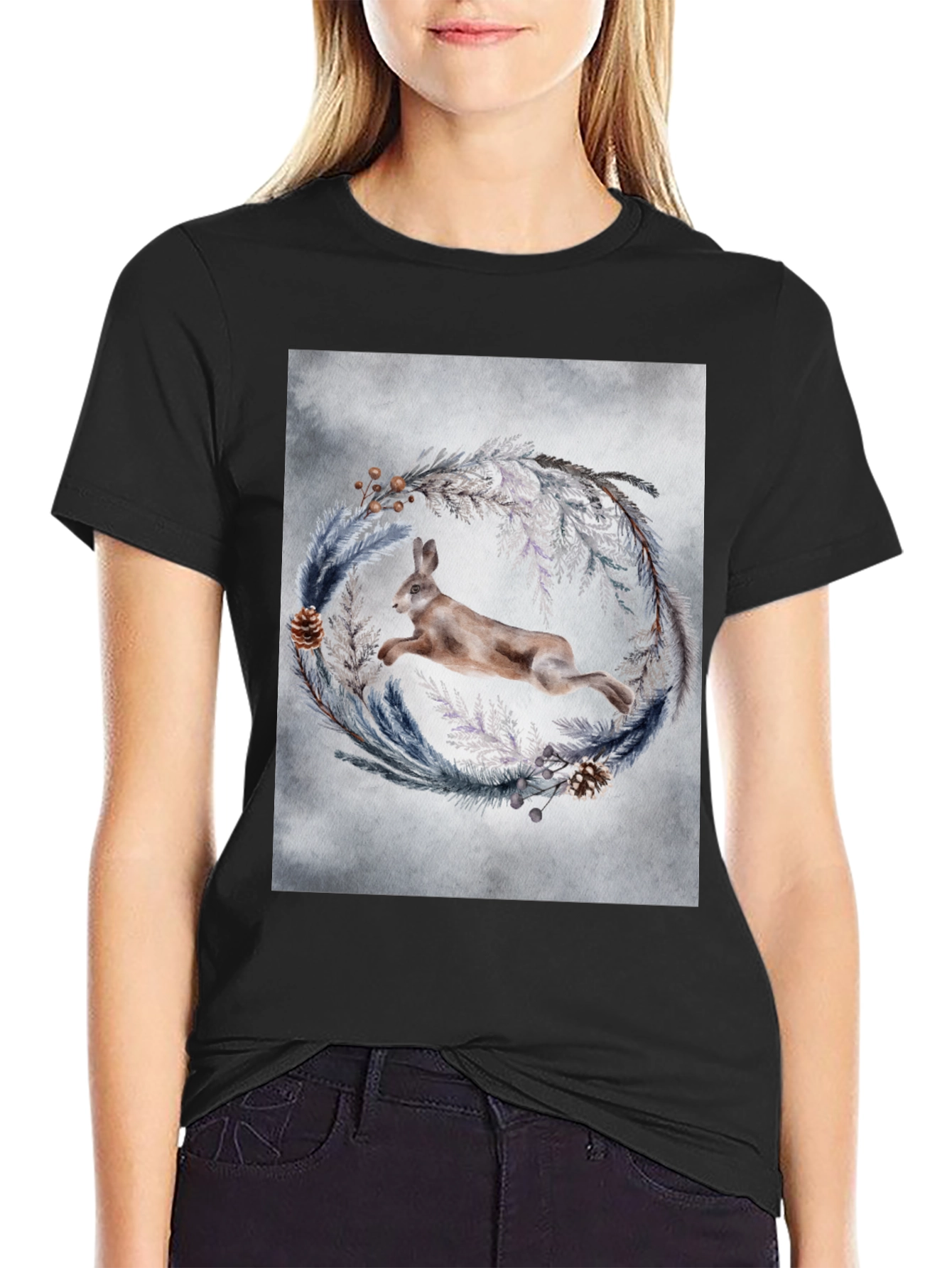 Leaping Hare Wreath Graphic T-Shirt