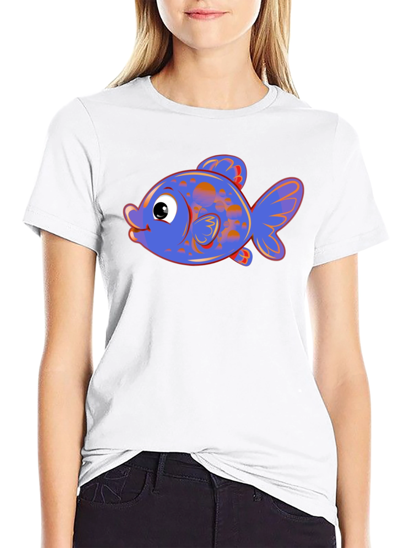Cartoon Fish Graphic Tee - Black Cotton Blend