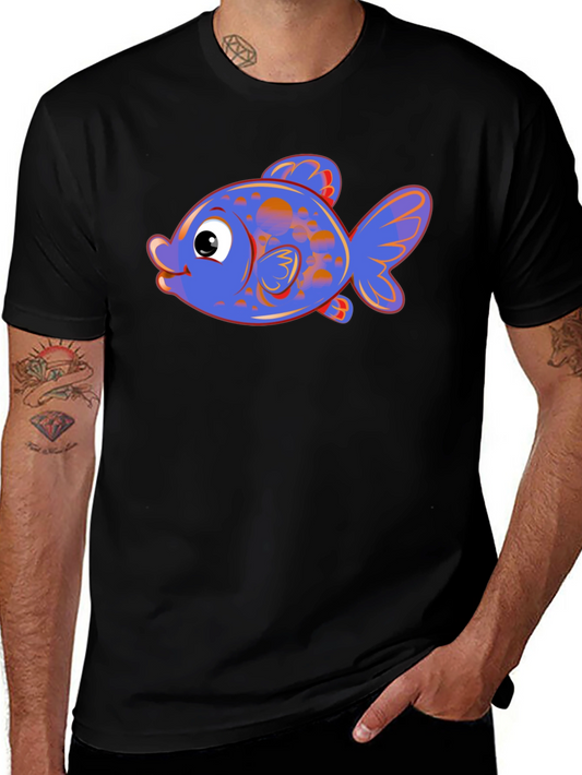 Cartoon Fish Graphic Tee - Black Cotton Blend