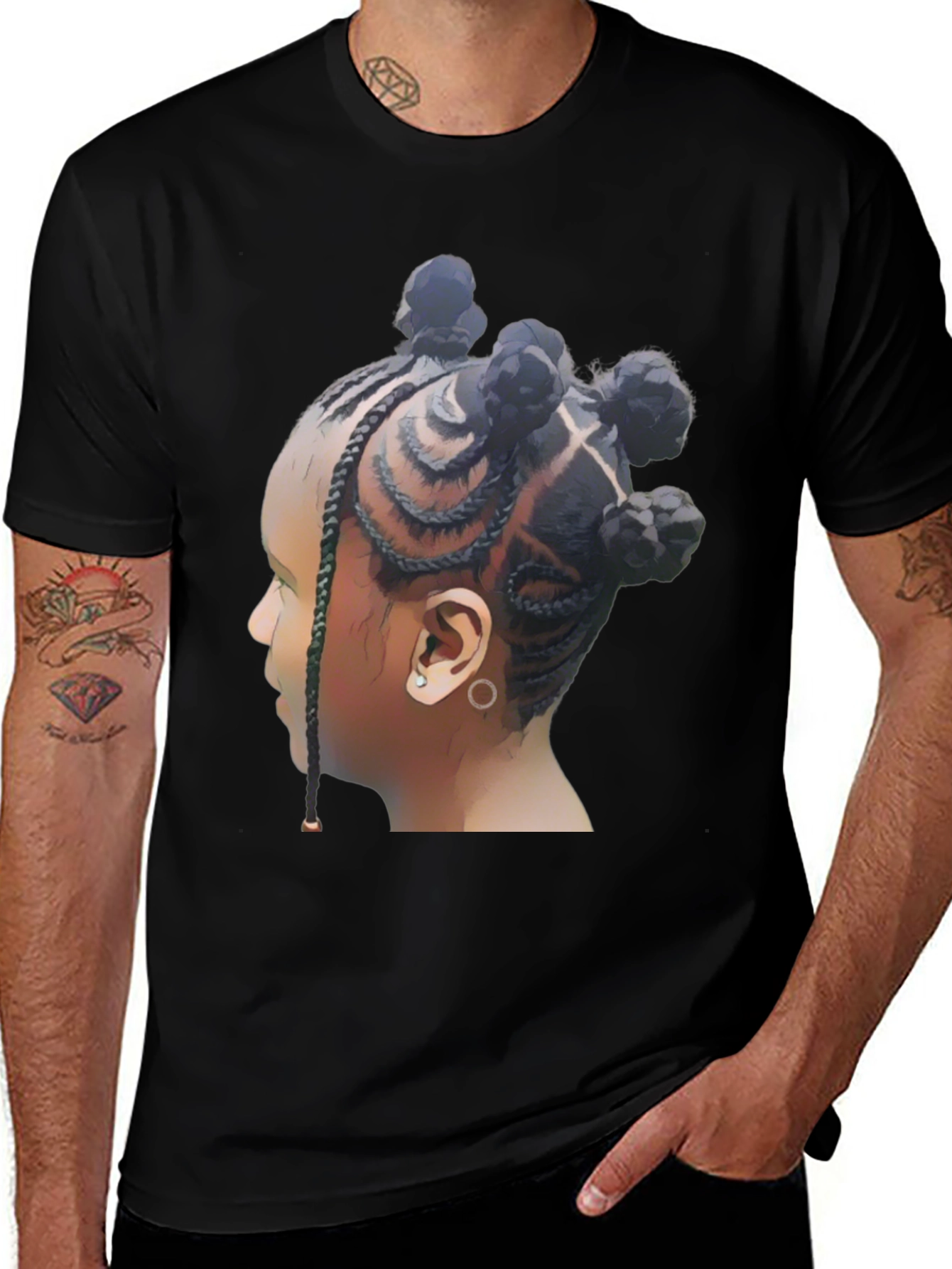 Stylish Black T-Shirt with Braided Hairstyle Graphic