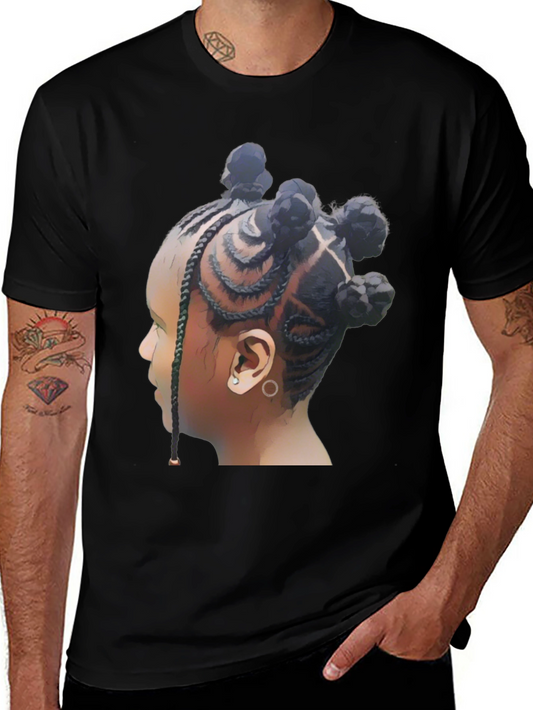Stylish Black T-Shirt with Braided Hairstyle Graphic