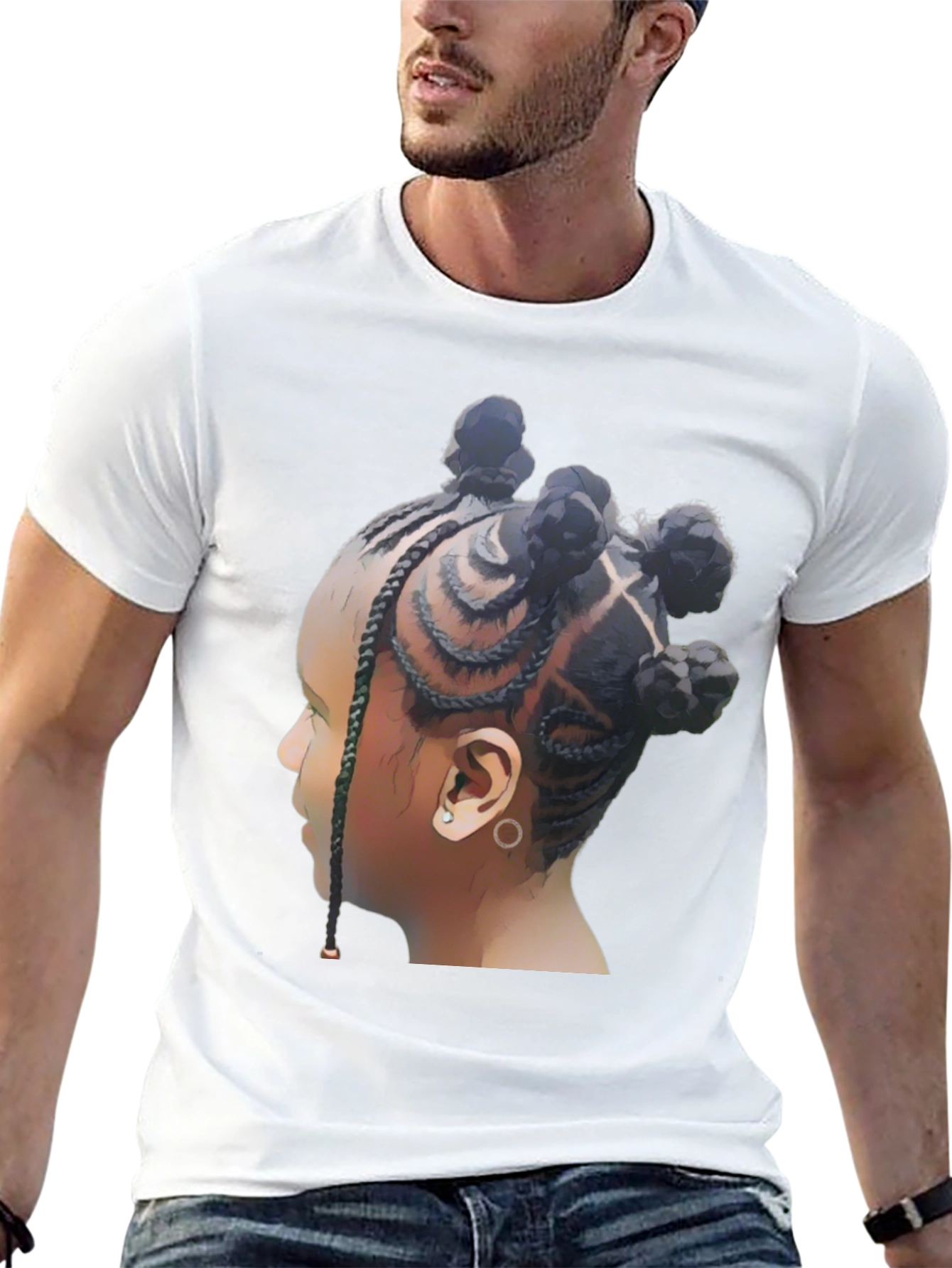 Stylish Black T-Shirt with Braided Hairstyle Graphic