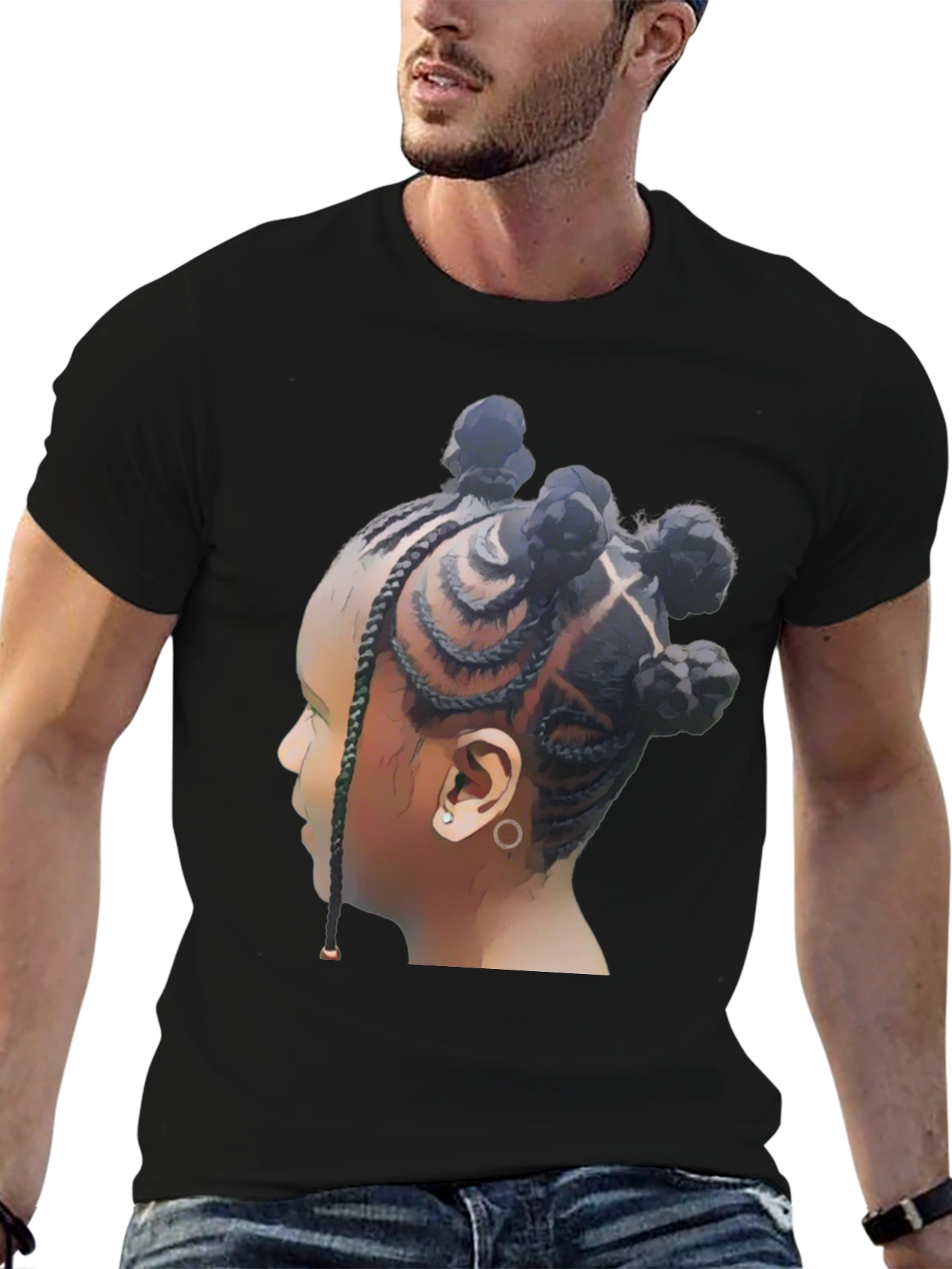 Stylish Black T-Shirt with Braided Hairstyle Graphic