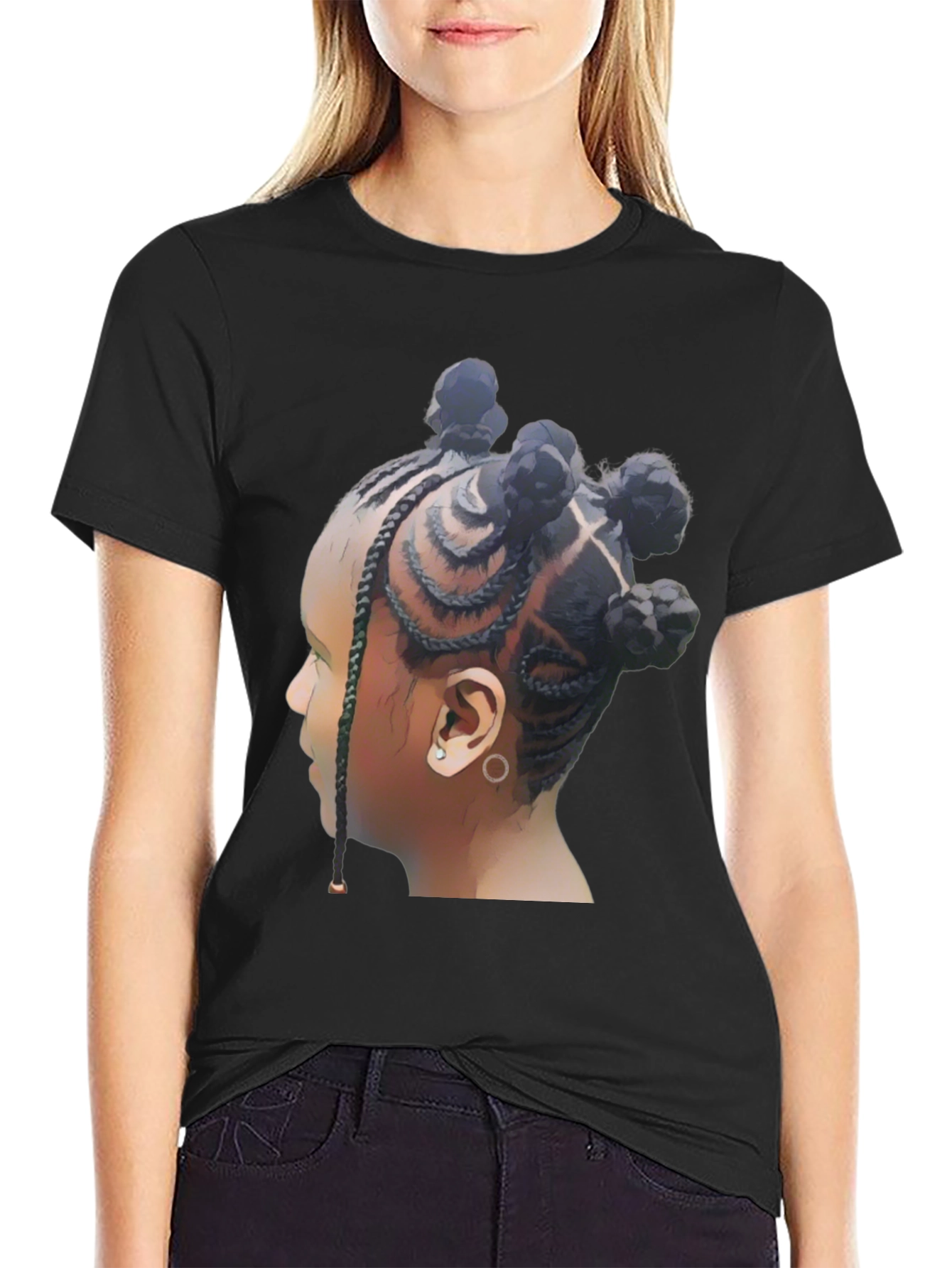 Stylish Black T-Shirt with Braided Hairstyle Graphic