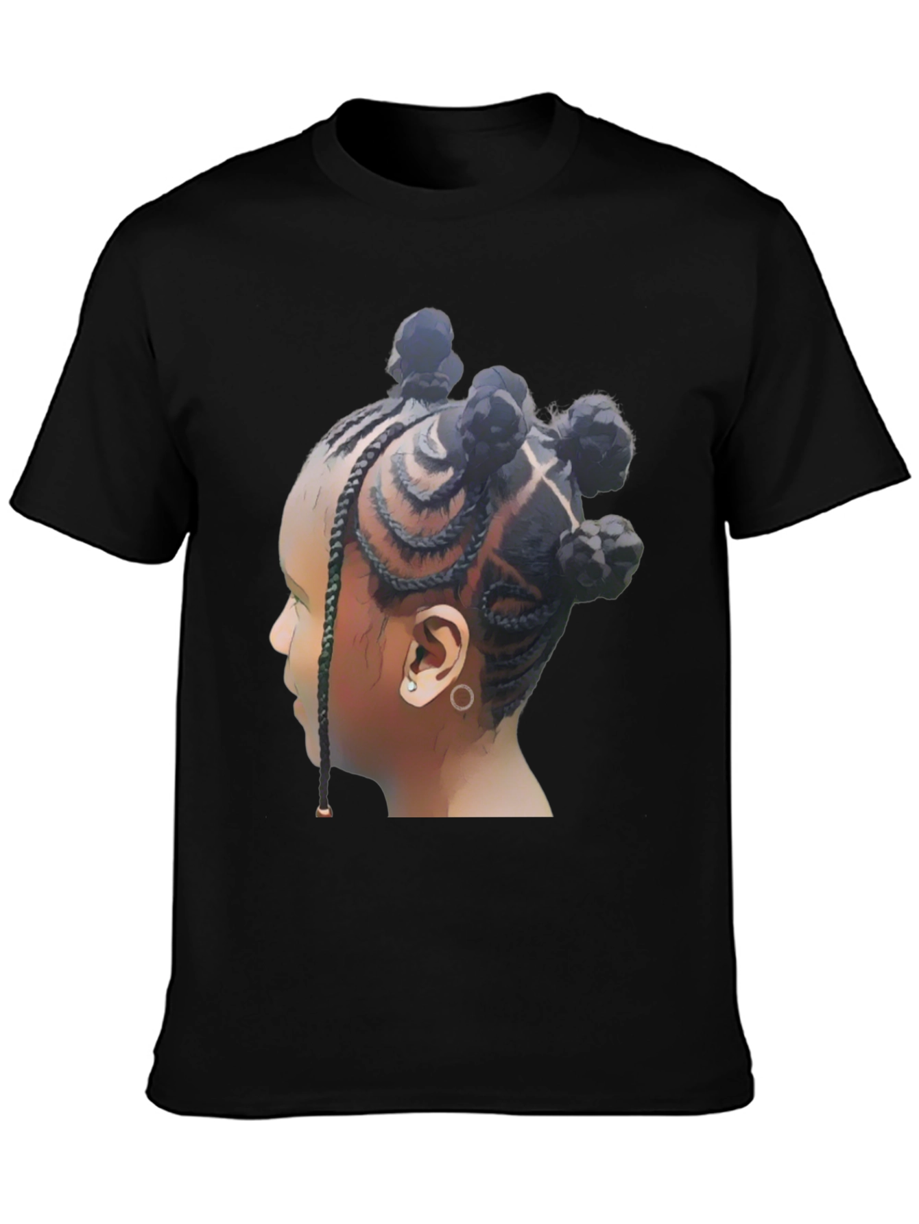 Stylish Black T-Shirt with Braided Hairstyle Graphic