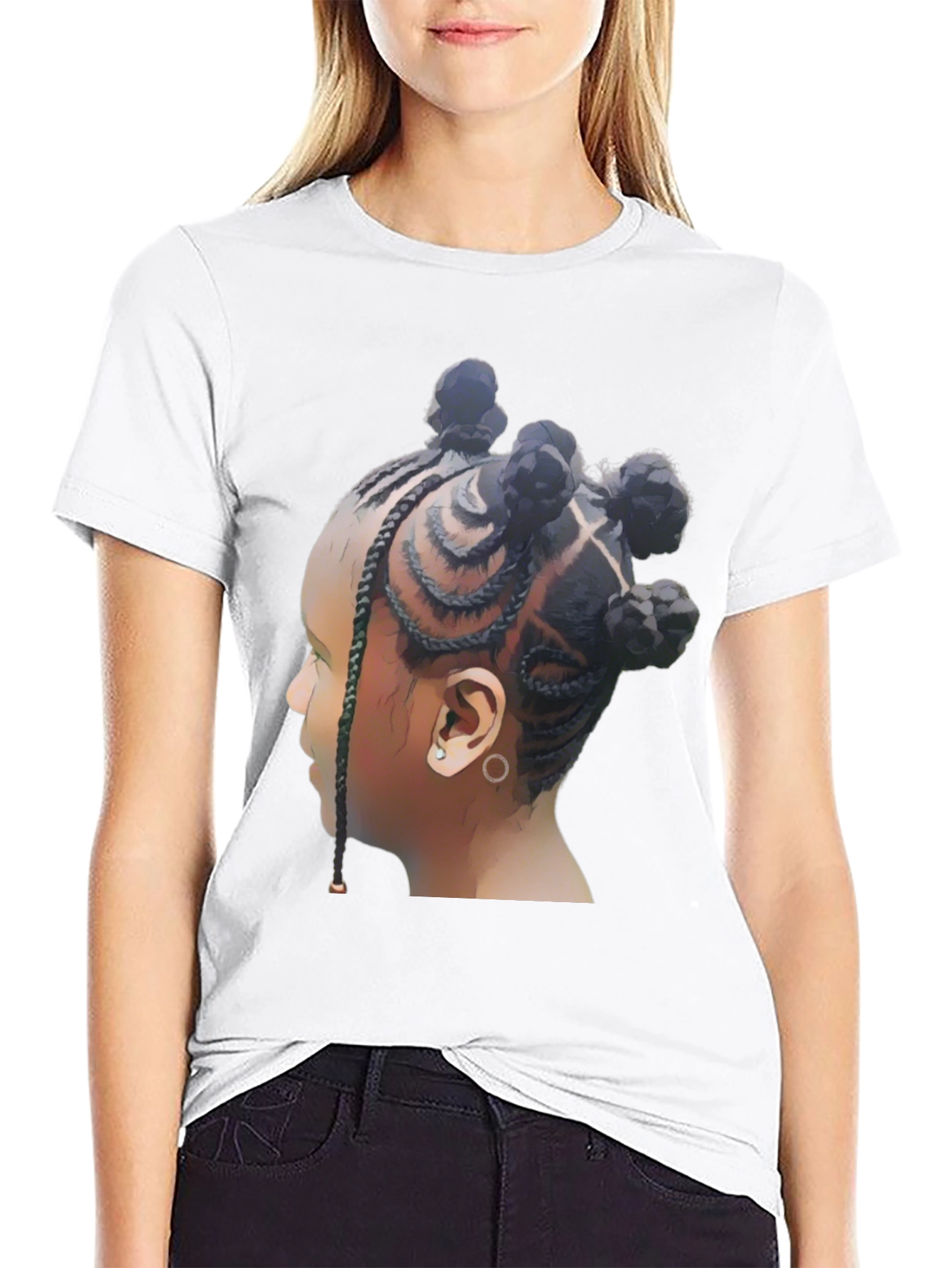 Stylish Black T-Shirt with Braided Hairstyle Graphic