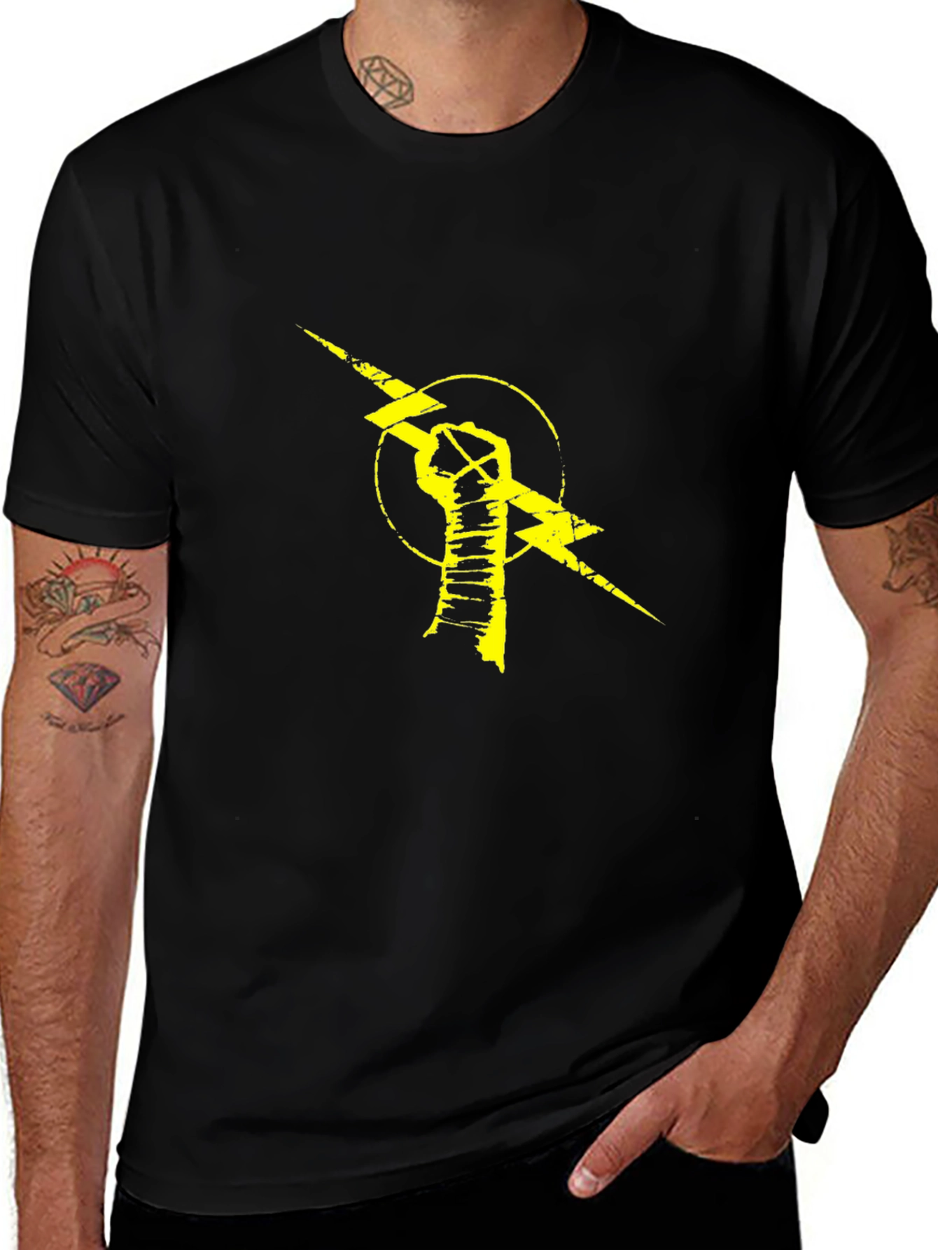 Black T-Shirt with Yellow Lightning Bolt Fist Graphic