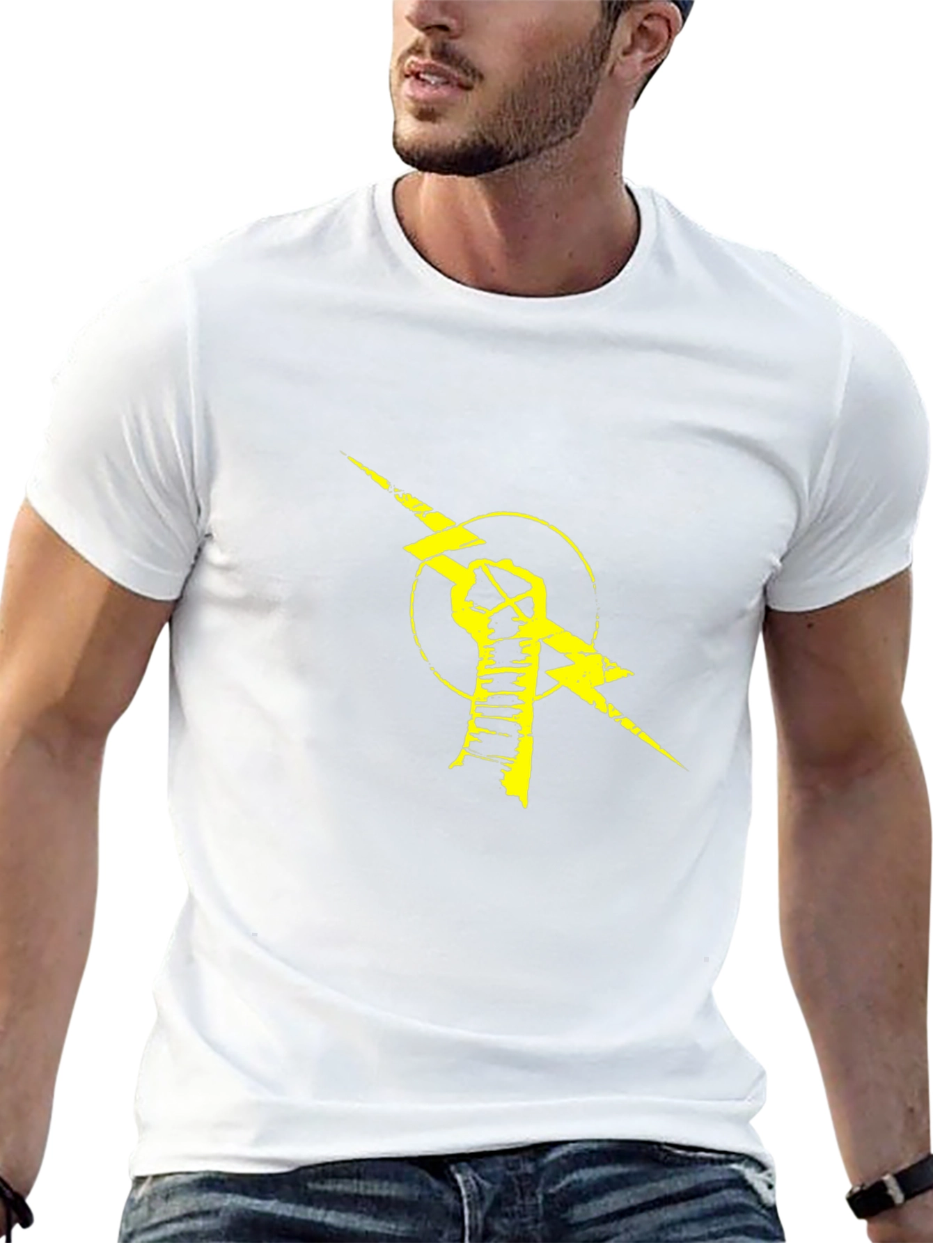 Black T-Shirt with Yellow Lightning Bolt Fist Graphic