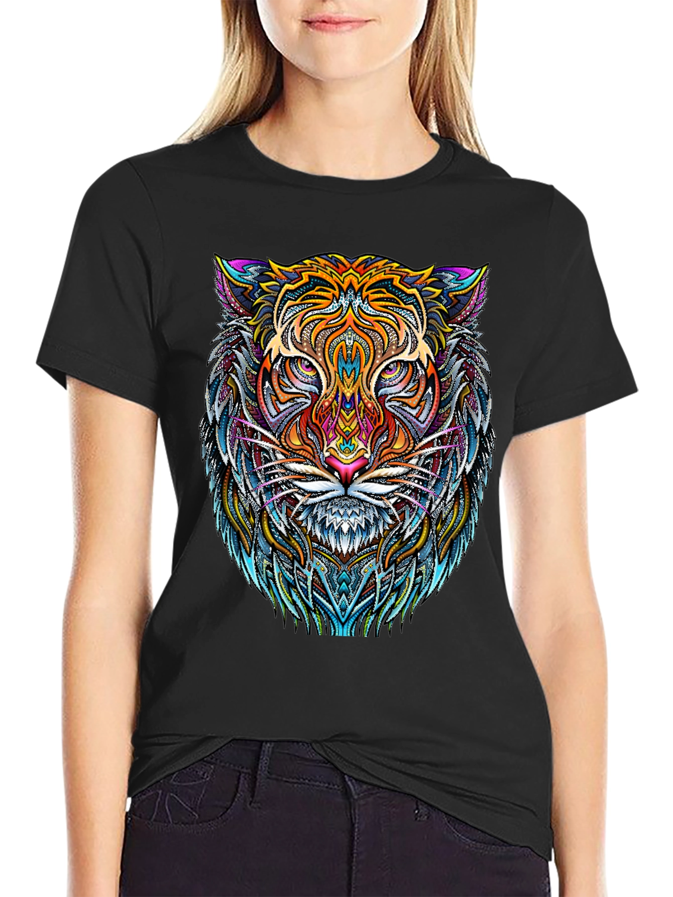 Psychedelic Tiger Graphic Tee - Bold Black T-Shirt