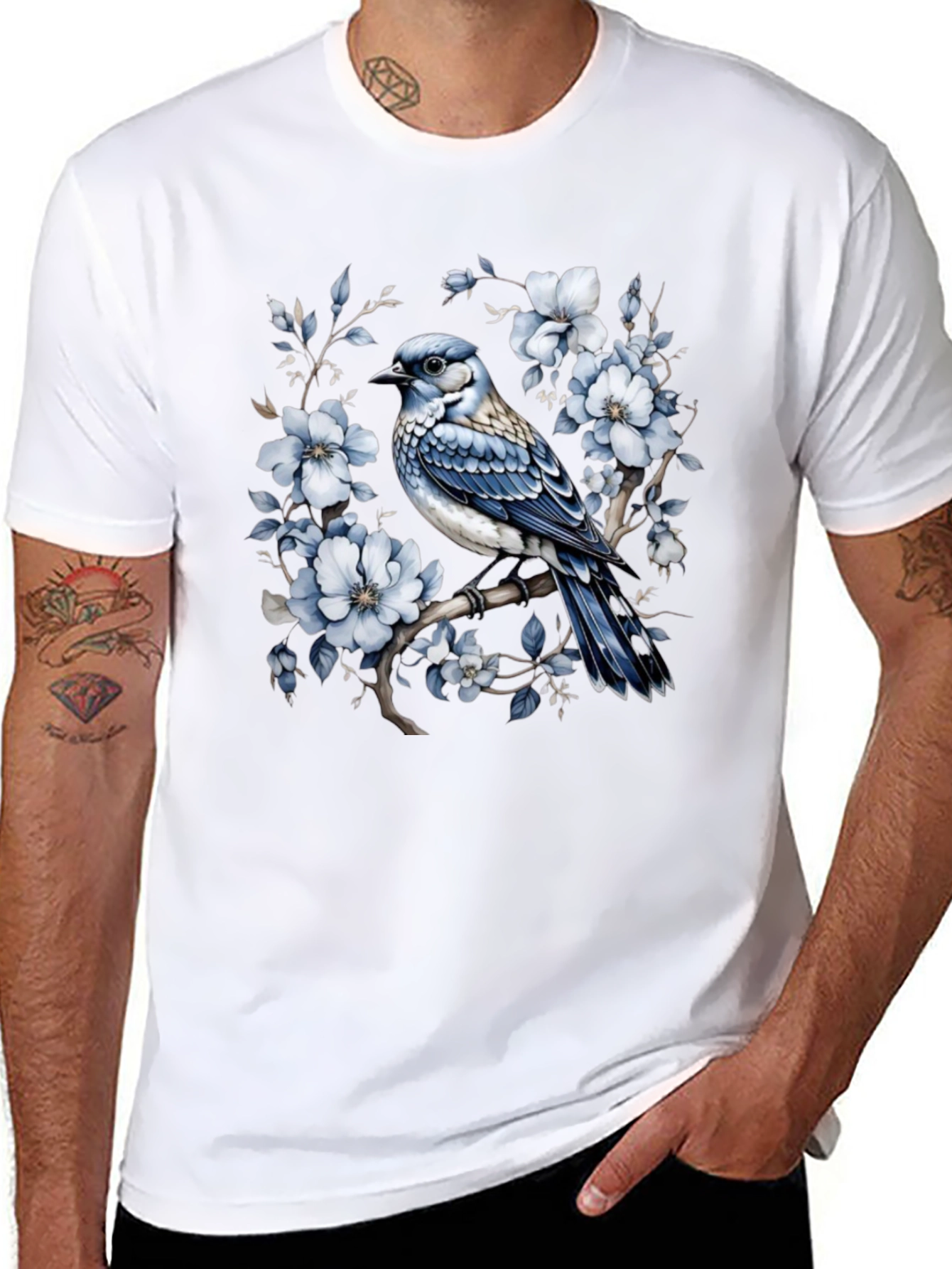 Blue Jay Floral T-Shirt - Nature Inspired Tee