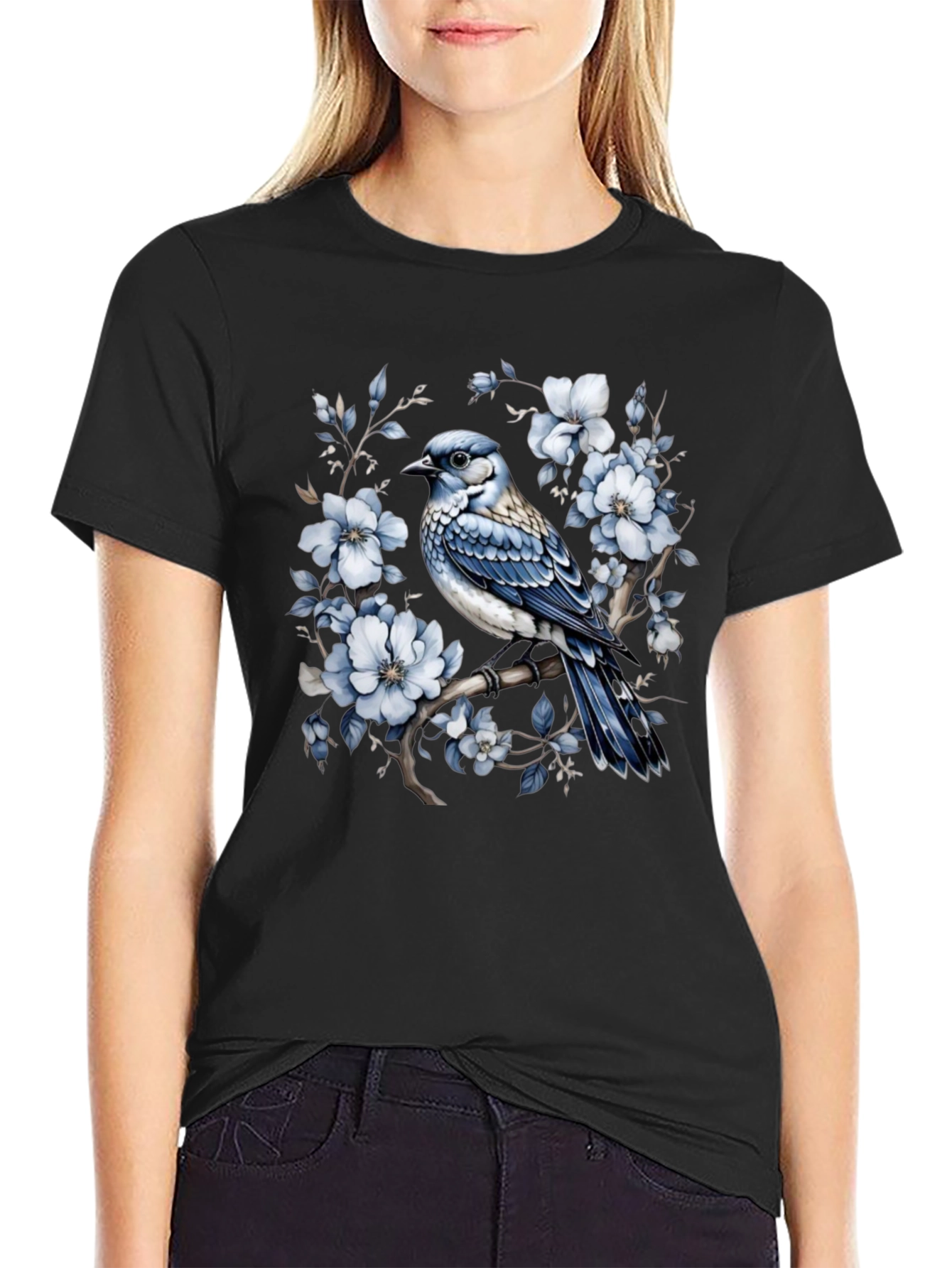 Blue Jay Floral T-Shirt - Nature Inspired Tee